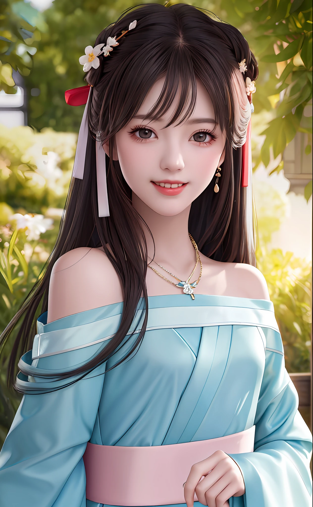 best quality, masterpiece, highres, 1girl, blush, (seductive smile:0.8), star pupils, red porcelain hanfu, hair accessories, necklace, jewelry, beauty, human body, tyndall effect, realistic, dark studio, edge lighting, bitone lighting, (high detail skin: 1.2), 8k uhd, DSLR, soft light, high quality, volumetric lighting, stolen shot, photo, high resolution, 4k, 8k, bokeh, (small head) masterpiece, best quality, upper body, 1 girl, (beautiful face), realistic, long hair, black hair, (hair bow), (small breasts), (off-the-shoulder), (outside the breasts), (flick), hanfu, look at the audience, hanfu, face the audience, light smile