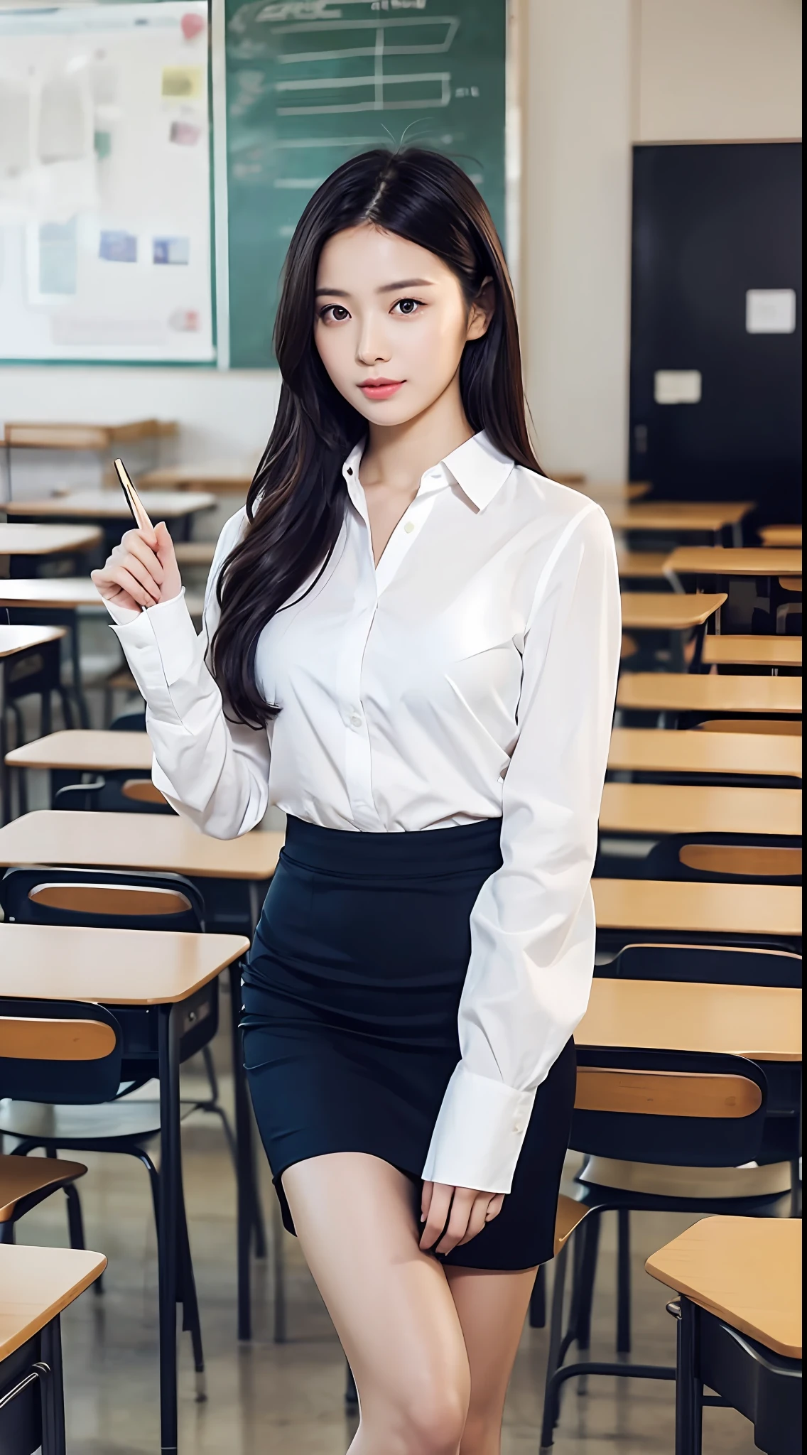 A slim and elegant Japanese woman in her late 20s stands confidently in front of a classroom filled with students. She has flawless porcelain skin with a soft, natural complexion. Her almond-shaped eyes, adorned with long, dark lashes, radiate intelligence and warmth. Her eyebrows are well-defined and delicately arched, enhancing her expressive gaze. Her straight, glossy black hair cascades down to her shoulders, framing her face in a sleek and sophisticated manner. She wears a professional attire, consisting of a tailored, form-fitting blazer in a deep navy color, accentuating her slender figure. Underneath, she dons a crisp white blouse that complements her fair complexion. The blouse is tucked into a knee-length pencil skirt, which emphasizes her graceful posture. Completing her ensemble, she wears classic black heels that add a touch of elegance to her overall appearance. Confident and approachable, she holds a textbook in one hand while using the other hand to point at a diagram on the whiteboard, engaging her students with her engaging teaching style. The classroom is well-lit, providing a warm and inviting atmosphere for learning. --auto