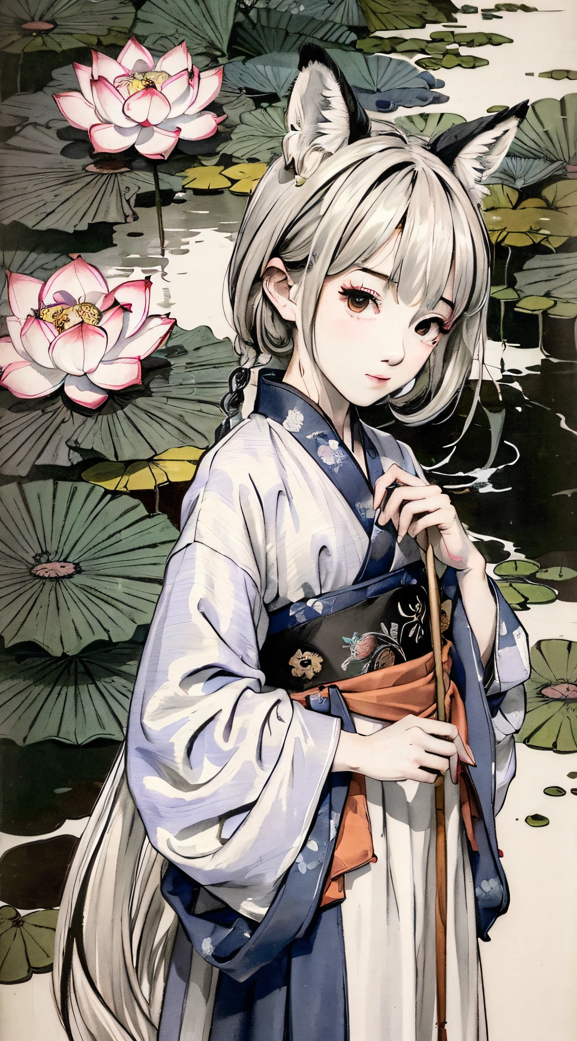 ((4k,masterpiece,best quality)), shuimobysim, traditional chinese ink painting, lotus, hanfu, maxiskit, dress conservatively
1 boy, solo, white hair, fox ears, white, fish, many fish near boy, look at viewer, tease,onee-shota,