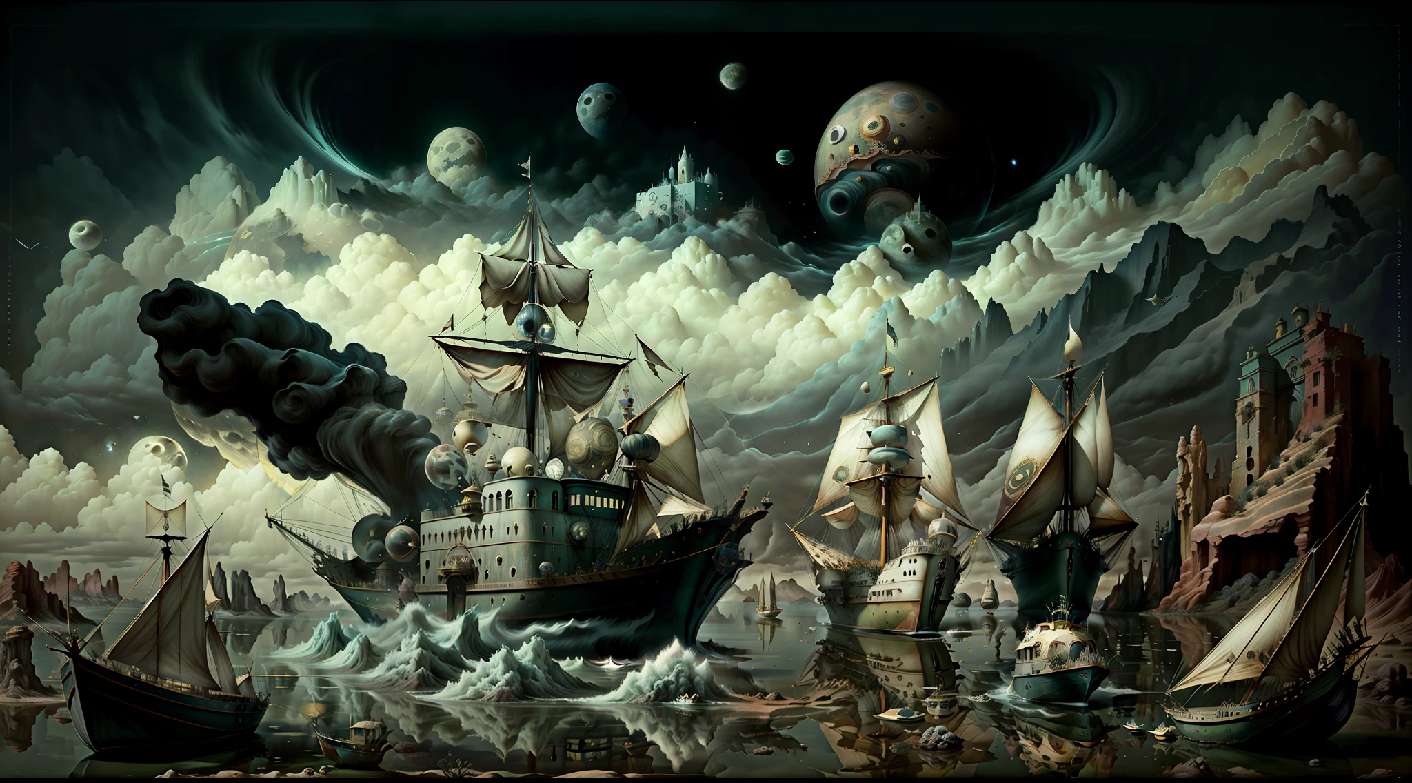 Coffee from nowhere Surrealismai, jupiter, moon, boats, foam, tornado, star war,