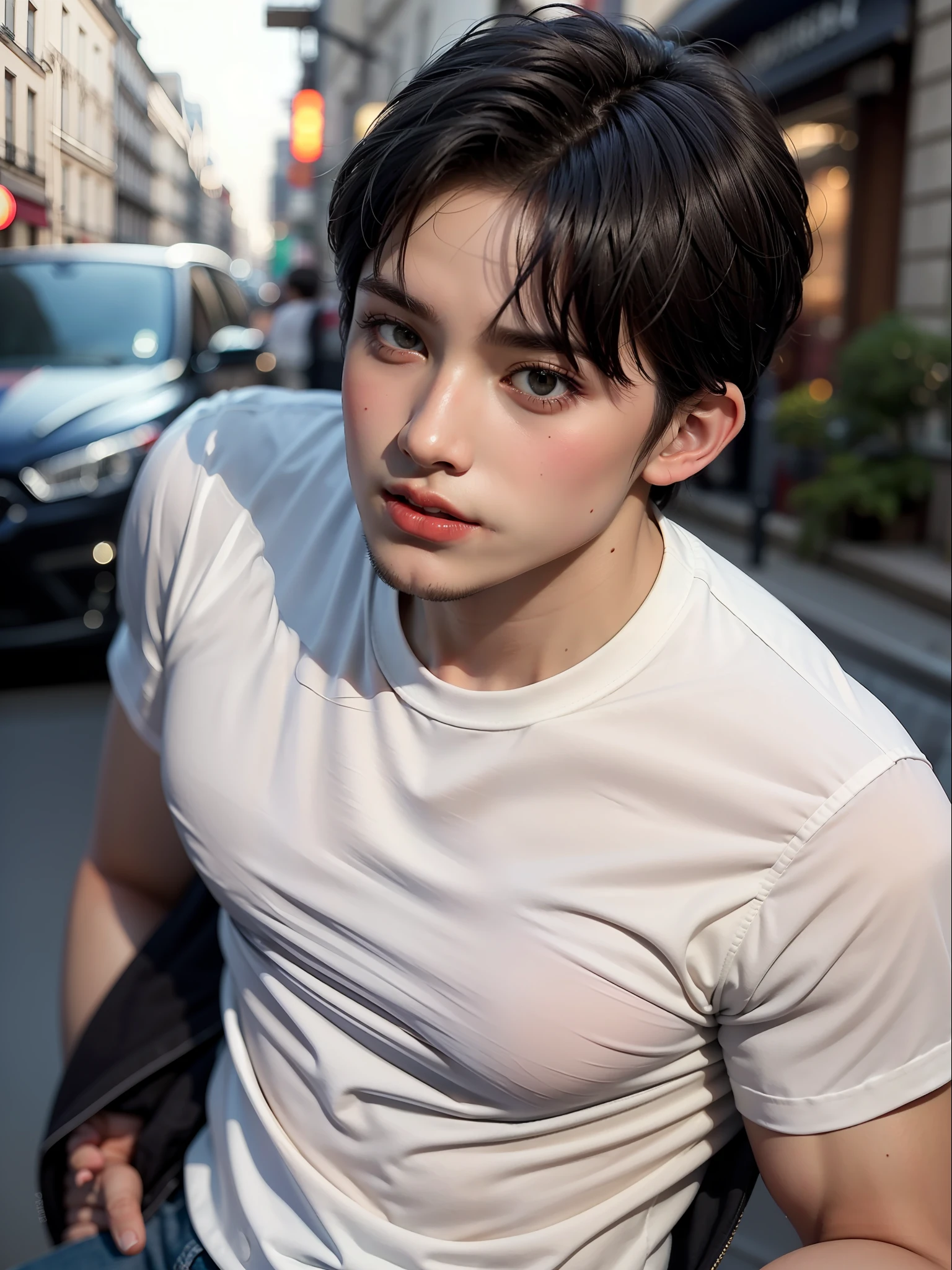 Boy, Happy, Perfect Quality, Clear Focus (Untidy - Home: 0.8), (Masterpiece: 1.2) (Realistic: 1.2) (Bokeh) (Top Quality) (Detail Skin: 1.3) (Intricate Detail) (8K) (Detail Eye) (Sharp Focus), (Happy) Full Body, Clean Background, Long Field Composition, 85MM Shot, Muscle, Masculine,1boy, Paris streets,shirts,no beard, wear white t shirt