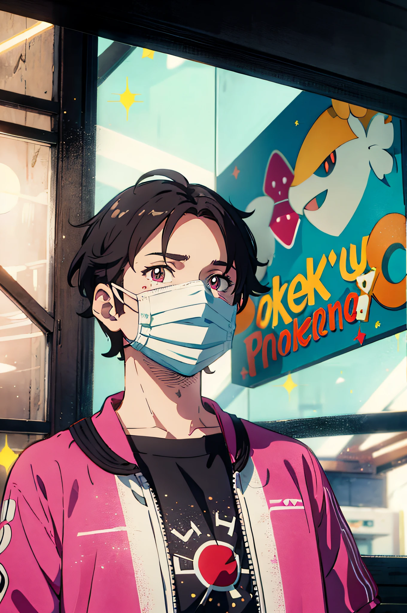 Detailed background, indoor, male character from Pokemon, wearing mask, starring at the camera. high saturation, pink particle effects, low saturation, high image quality characters. 4k, UHD