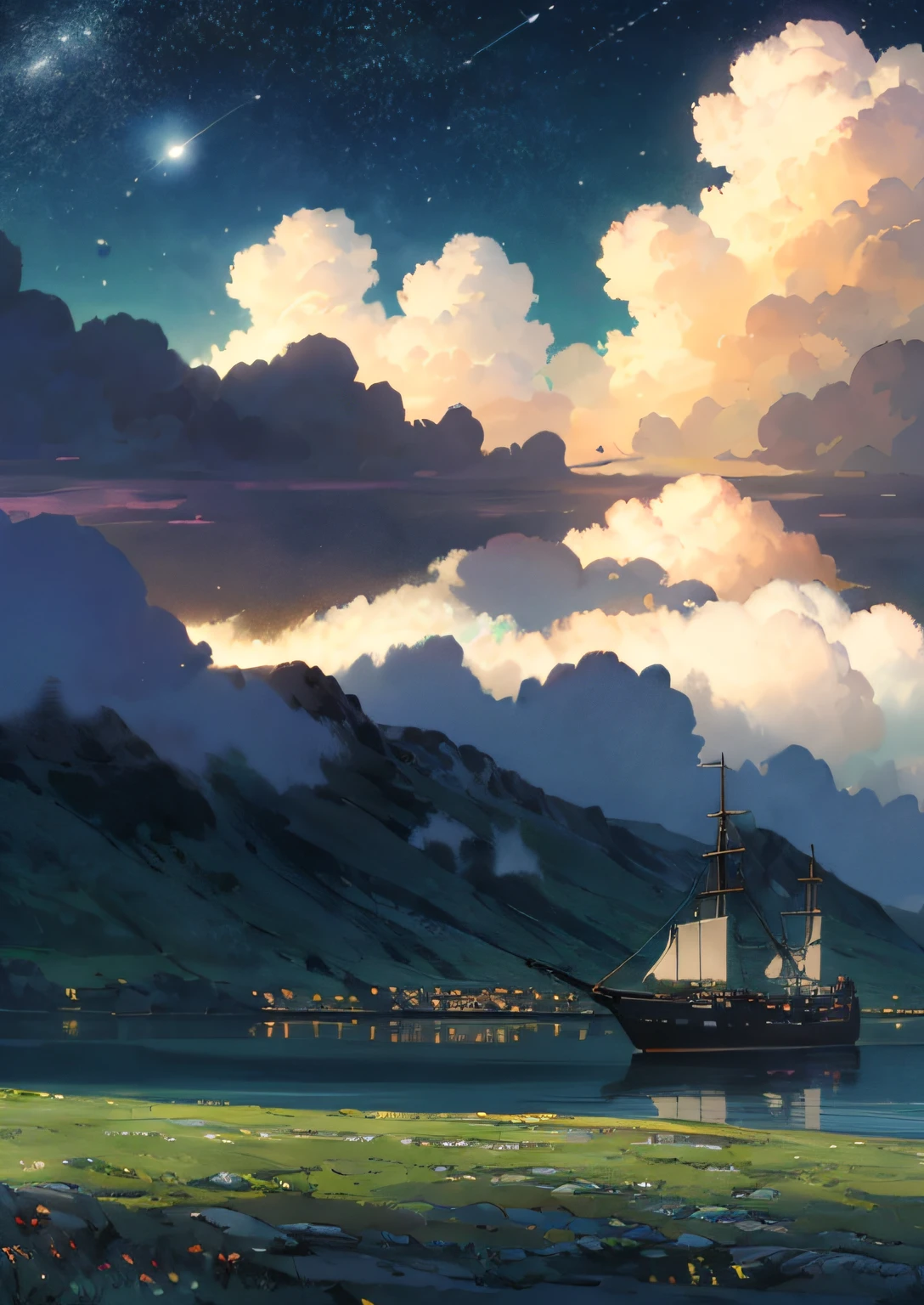 A modern steamship is docked in the nearby harbor, with wide grasslands, vast skies, beautiful skylines, dramatic graphics, moving visuals, high hanging North Star, colorful natural light.