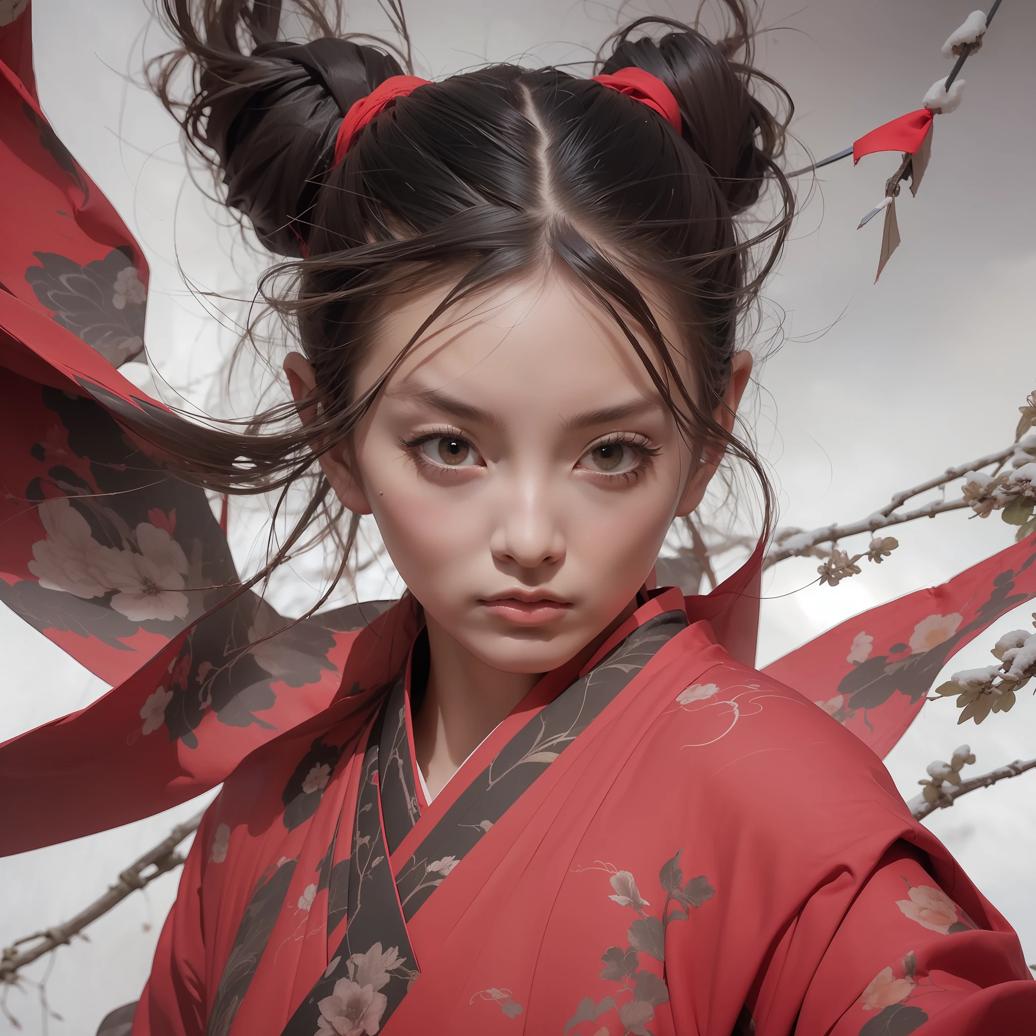 A girl, (hair in a high bun, sword eyebrows, slightly upturned nose, cold), Hanfu, long sword, fluttering crony, plum blossoms flying, snow, realistic, cinematic lighting effects, large aperture.