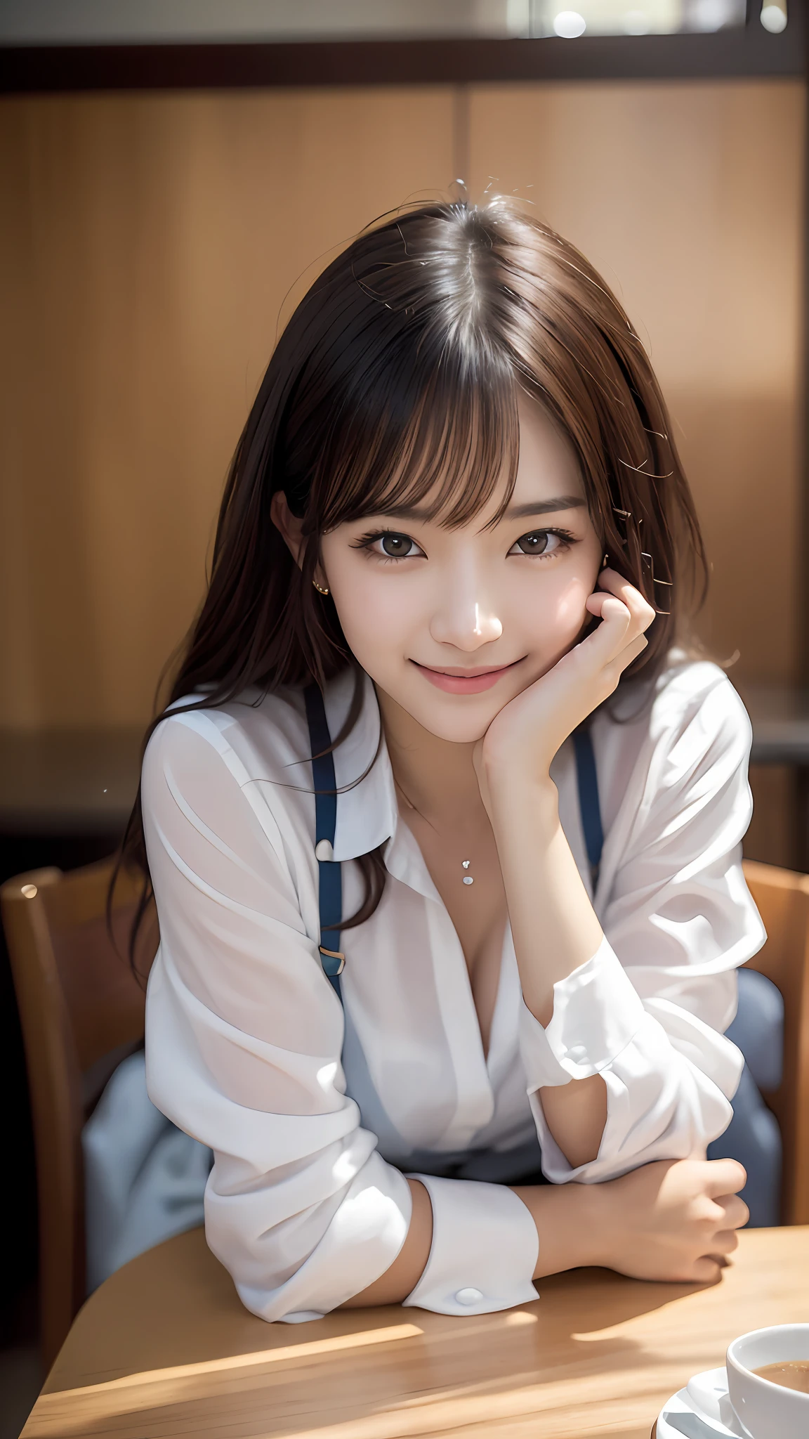 (18 years old: 1.2), (dishonest laughter), (look away), 8k, RAW portrait of Japan girl, photorealistic, ultra high resolution, top quality, (uniform: 1.2), (from bottom: 1.2), sitting on a chair, arms crossed, (panchira: 1.2), (luxury café: 1.4) break (natural skin texture, detailed skin, hyperrealism, ultra-sharpness), intricate details, depth of field, dim lighting, Korean idol, Nogizaka idol, gravure idol, actress, fashion model pose