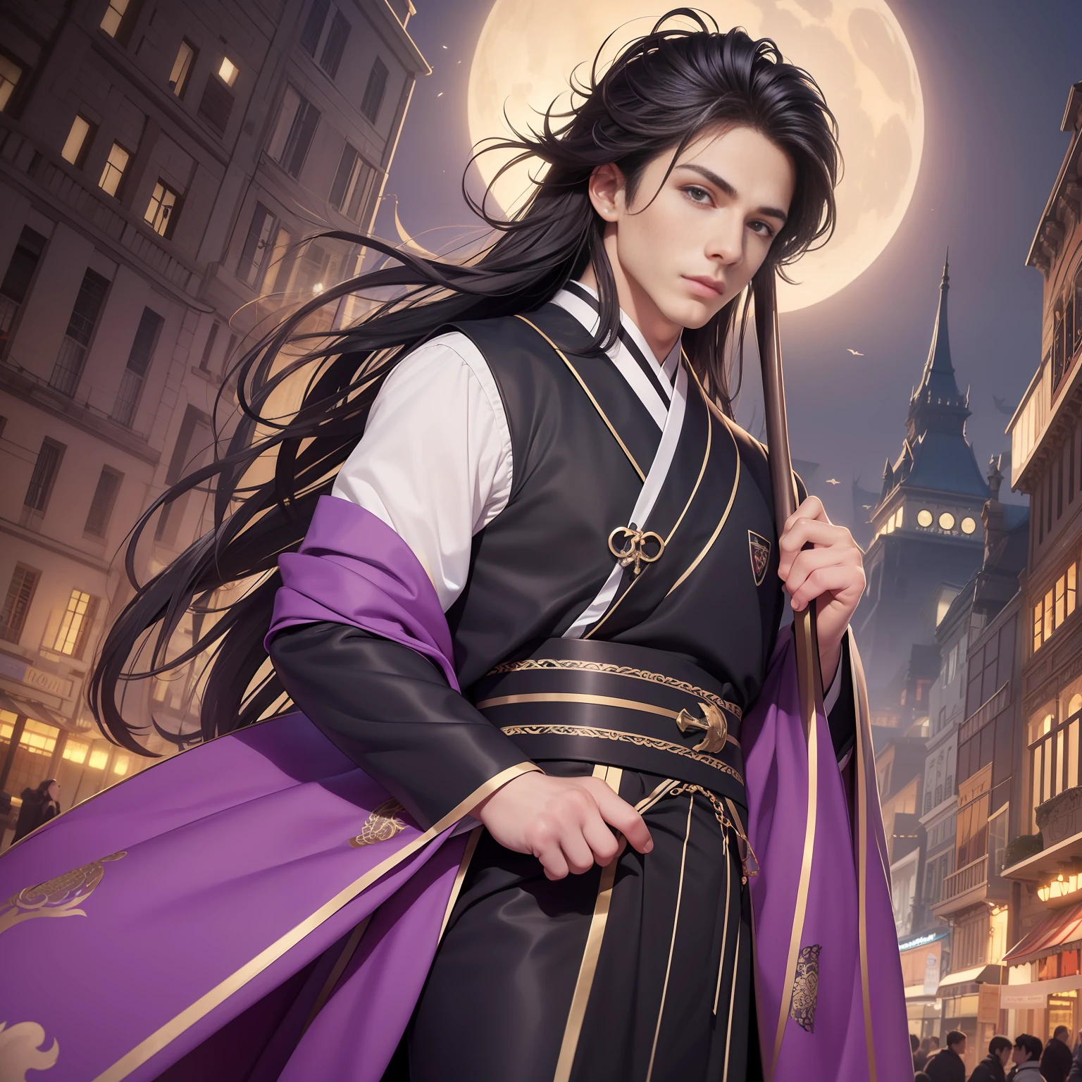 (Masterpiece) 8K resolution, top quality, handsome young man raking hair, beardless, jet black long hair, purple eyes, model style, hanbok, kind face, night scene, fantasy style