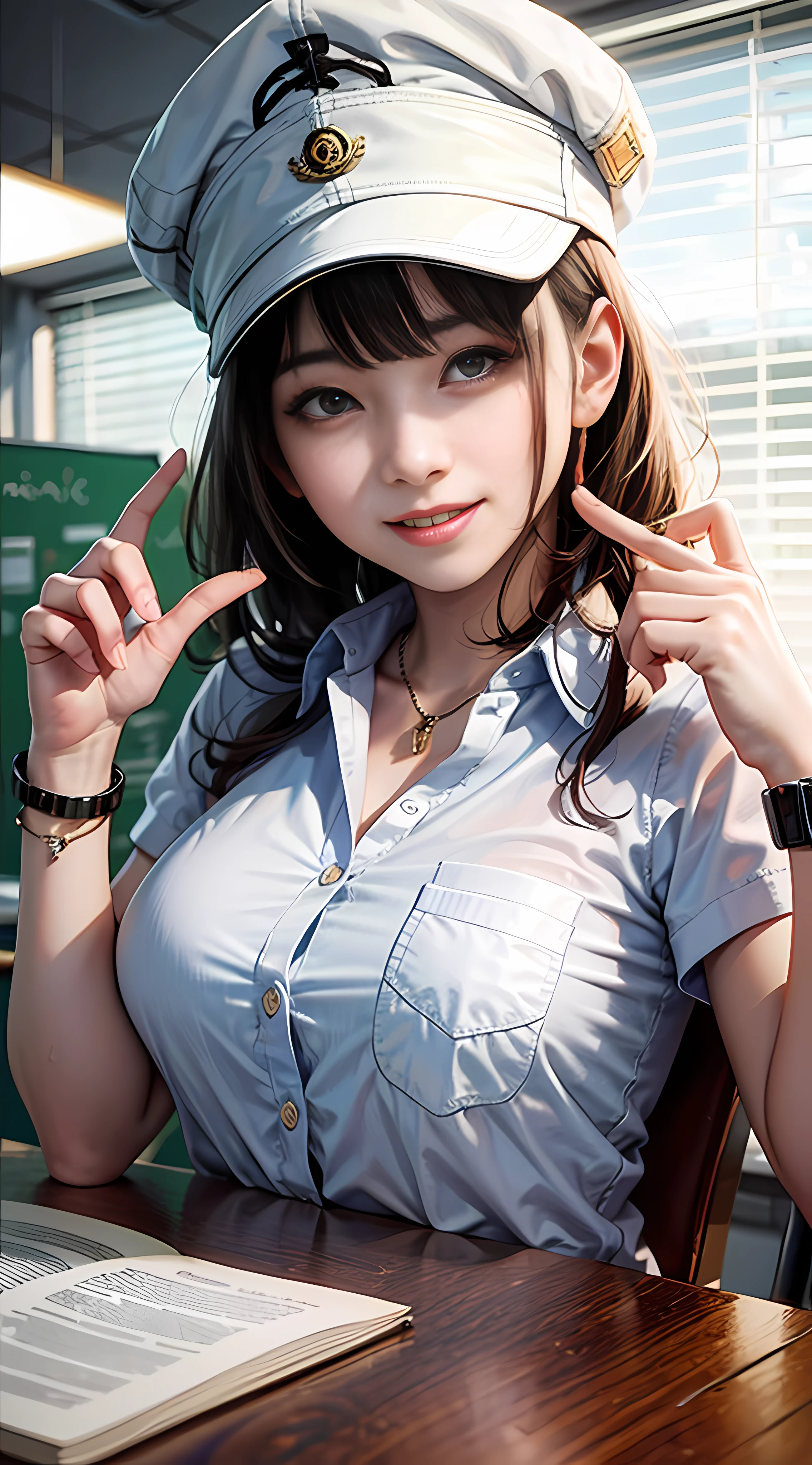 Super high quality, 8K, upper body, don't leak fingers, 1 girl, smile, solo, white skin, office, white shirt