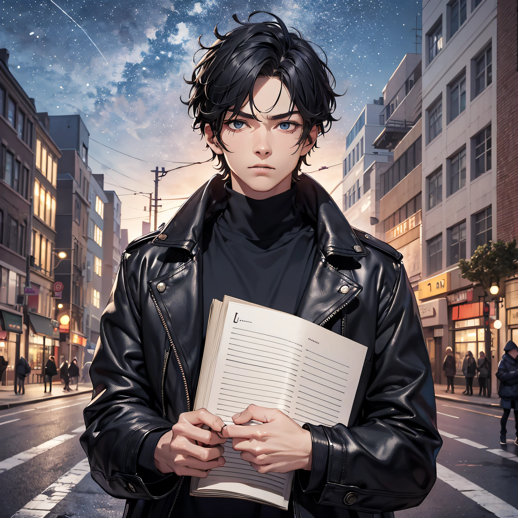 Absurd resolution, high resolution, (masterpiece: 1.4), hyper-detail, night, young man with messy short black hair, wearing a black coat, serious expression, in the middle of an empty street, holding a blue book (1.2)