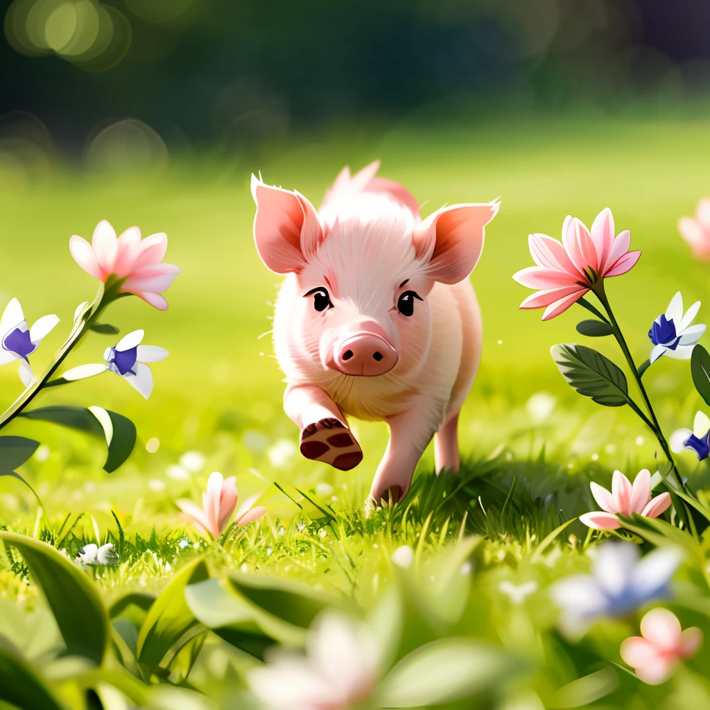 pink micro pig running on grass, animal pictures, flowers, outdoors, grass, bright, day, soft lighting, cute, ultimate pink micro pig,