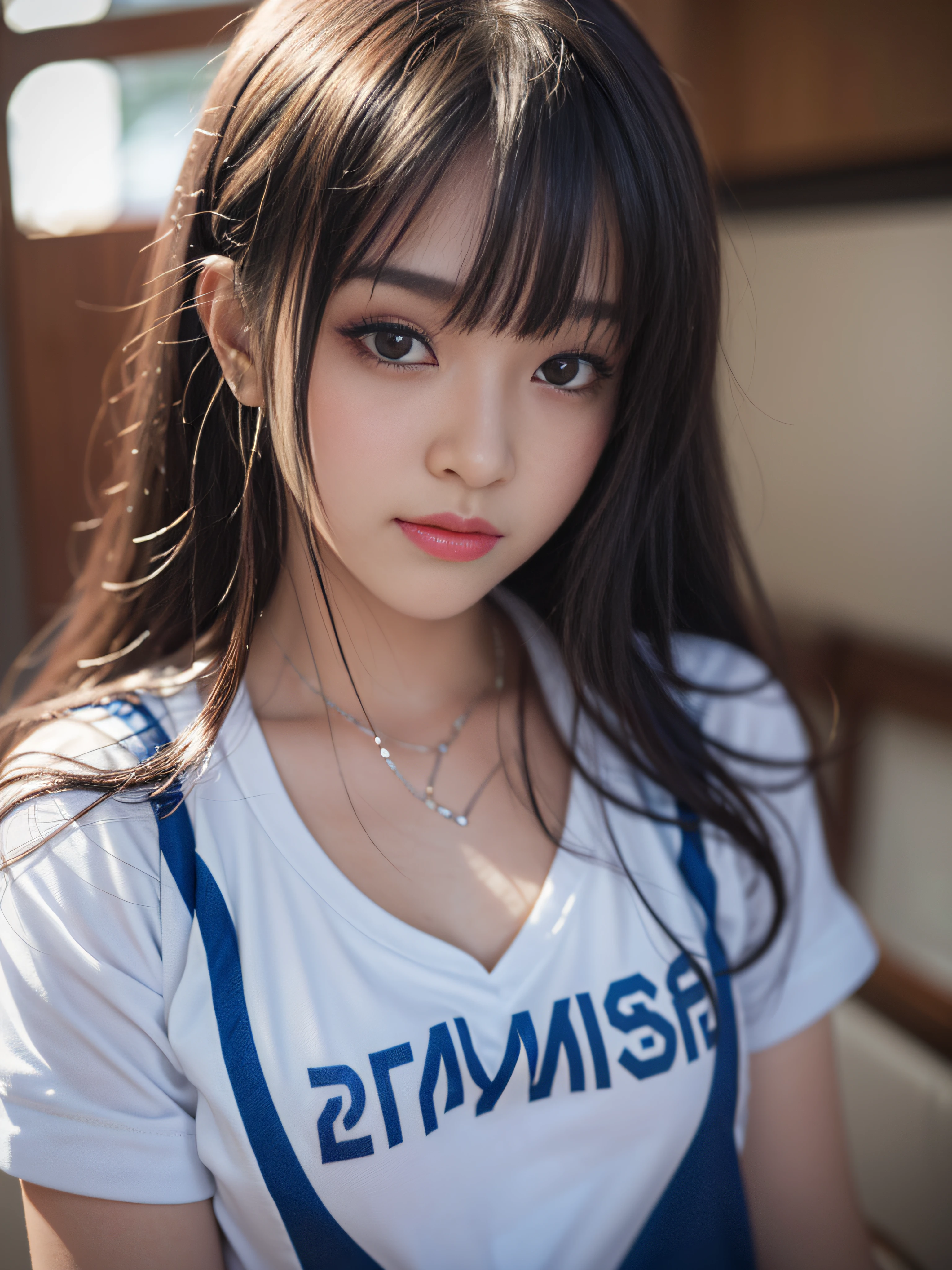(photorealistic:1.4), looking at viewer, ulzzang-6500, (8K, Best Quality, Masterpiece: 1.2), Realistic, Ultra High Resolution, Intricate Details, 1 Girl, 16 old, short Beautiful Face, Upper Body, Standing, Wide Angle Lens, (Surreal Schoolgirl), ((Realistic Anime 3D Style)), ((Smooth Anime CG Art)), (3D Anime Realistic), Beautiful Anime High School Girls, Realistic Anime, Realistic Young Anime Girl, Sakimichan HDRI, shoulders, (depth of field), professional lighting, photon mapping, radiosity, physically-based rendering, (Pore feeling), (skin feeling), floating hair, (gentle eyes), (detailed eye description), (glitter eyes), small breasts, cleavage, basketball uniform