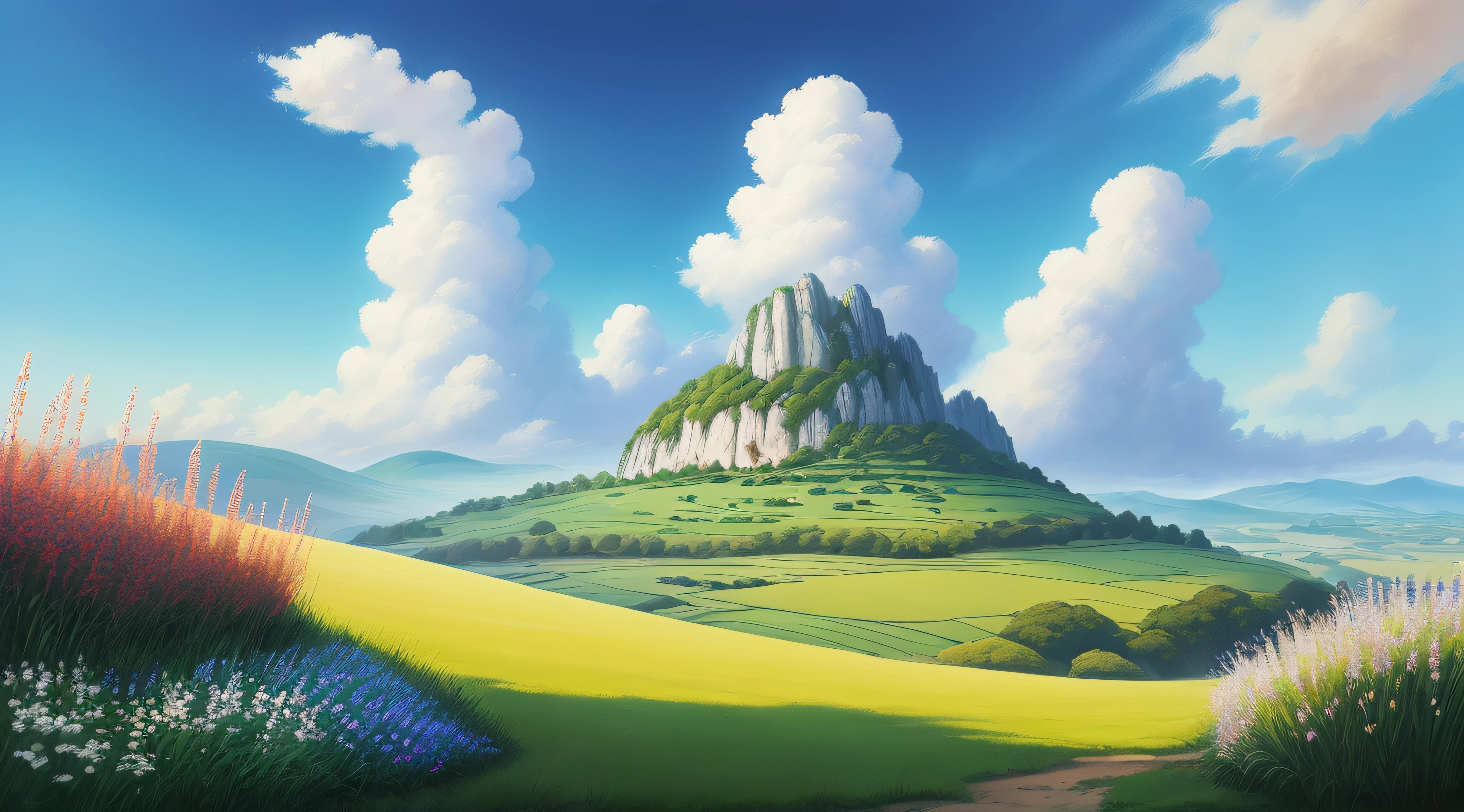 Realistic, authentic, beautiful and amazing landscape oil painting Studio Ghibli Hayao Miyazaki&#39;s petal grassland with blue sky and white clouds --v6