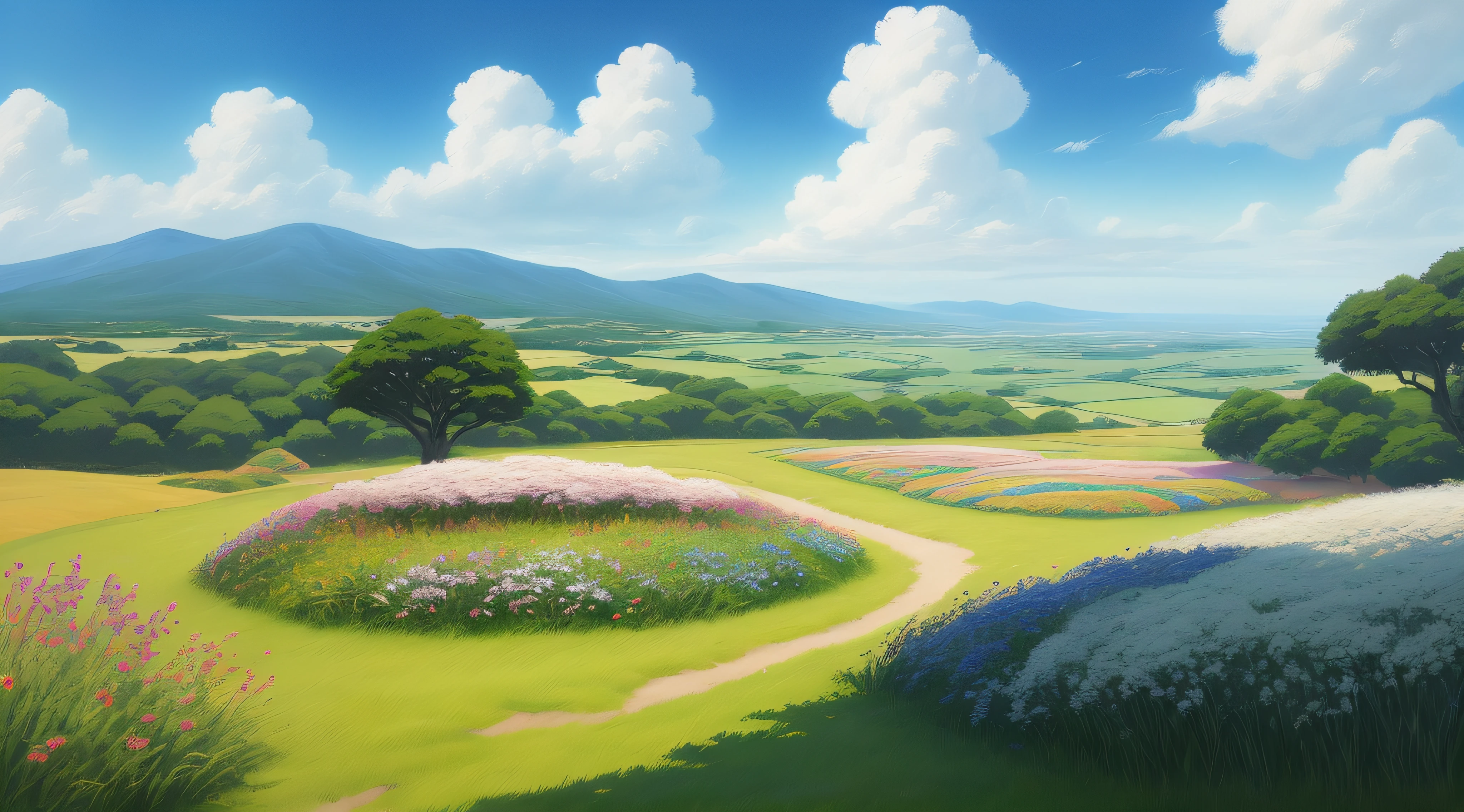 Realistic, authentic, beautiful and amazing landscape oil painting Studio Ghibli Hayao Miyazaki&#39;s petal grassland with blue sky and white clouds --v6