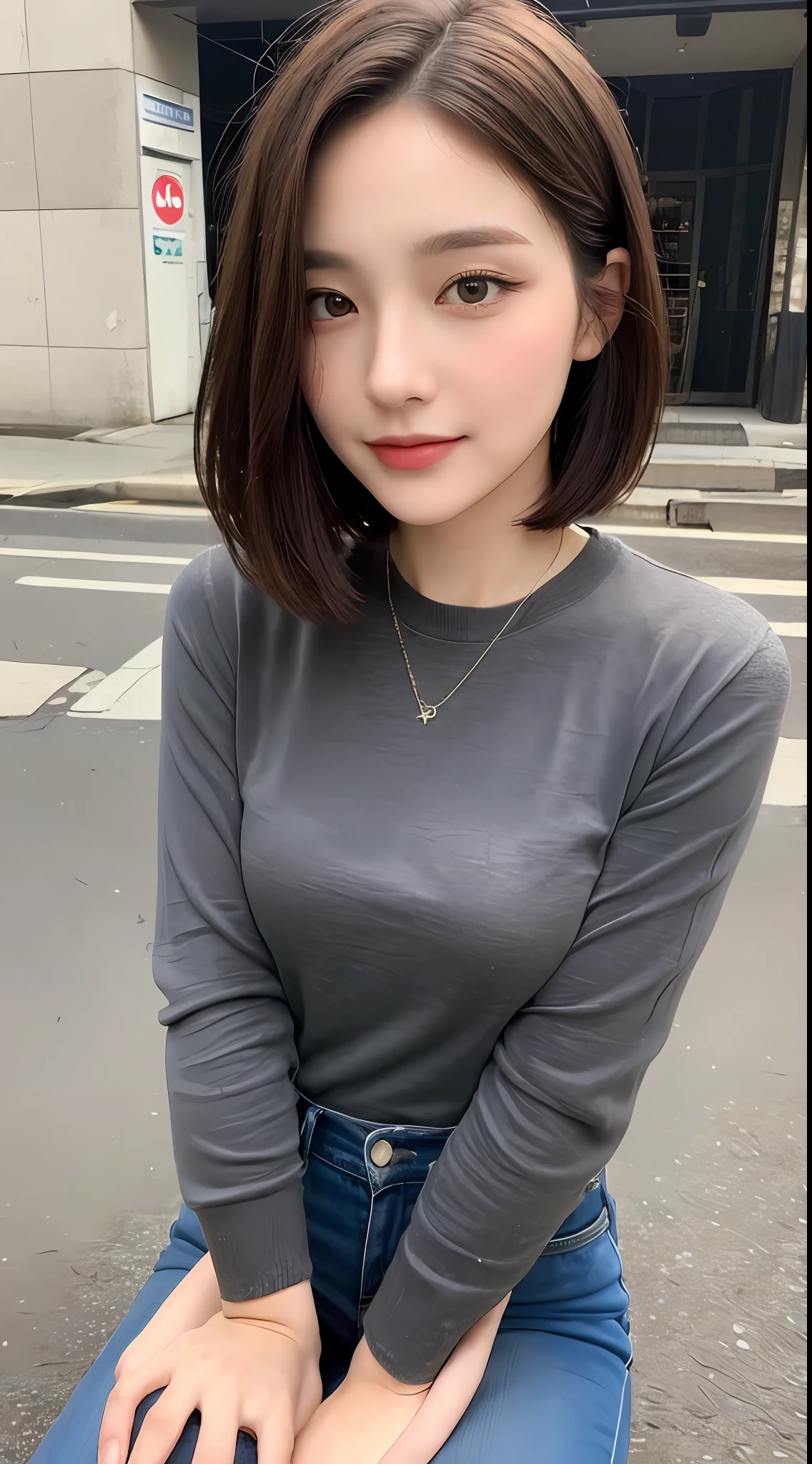 ((Top Quality, 8k, Masterpiece: 1.3)), 1 Girl, Smile, Full Body, Slim Face, Pretty Woman, (Dark Brown Hair), Casual Outfit: 1.1, Ultra Detailed Face, Detailed Eyes, Double Eyelids, Blurred Background, Slim Face, City, Outside, Street, Short Hair, Brown Hair, Short Hair