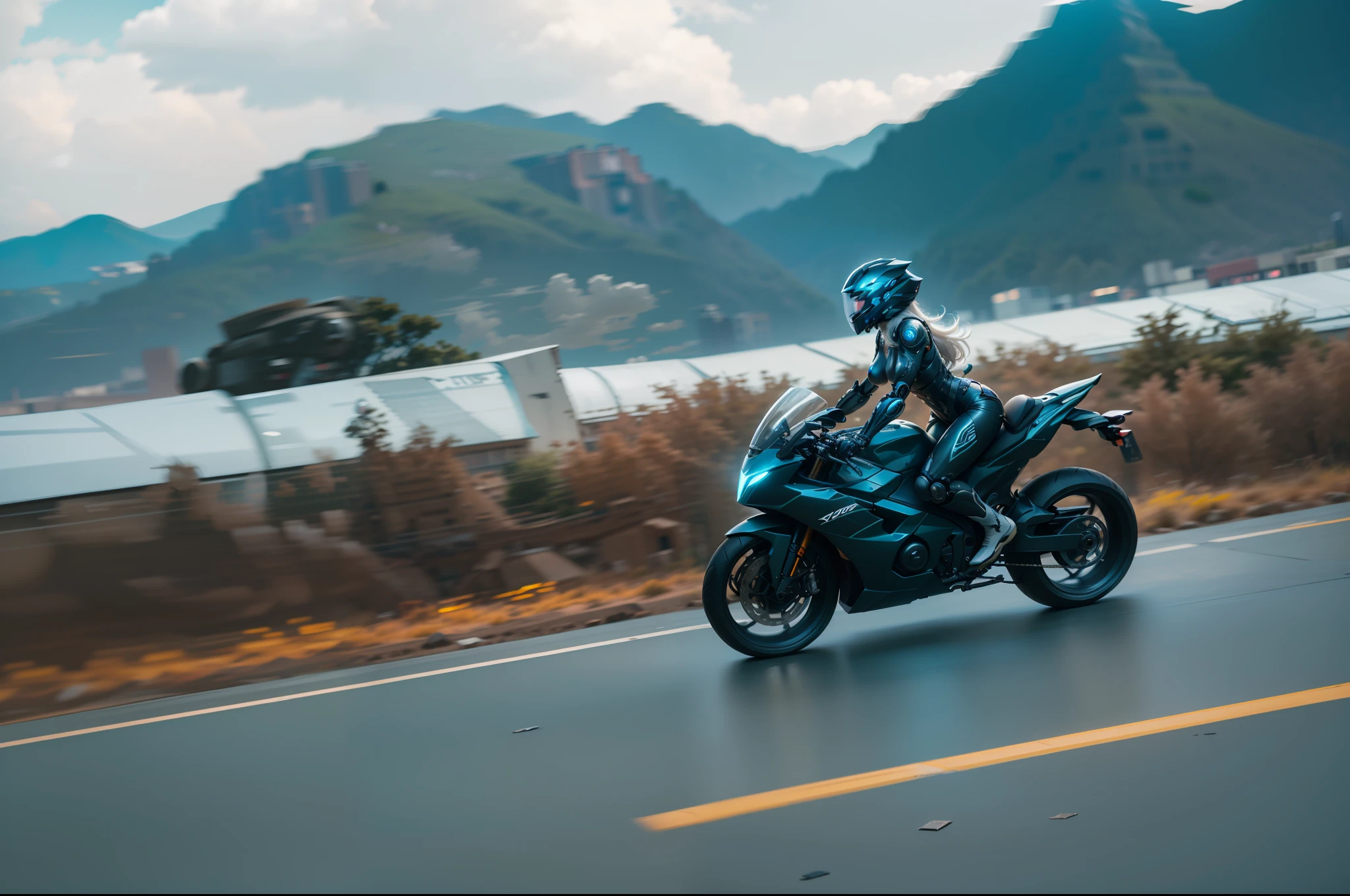  Cyber Warrior and Cyber Mechanical Motorcycle, Full Body Exquisite High-Tech Armor, Nousr, Biomechanics, MSHN Robot Woman, High-Tech Helmet, Surreal, Steel, Intricate Design, Crazy Details, Fine Details, Extremely Clear Lines, Cinematic Lighting, Photo Realistic, Detailed Masterpiece