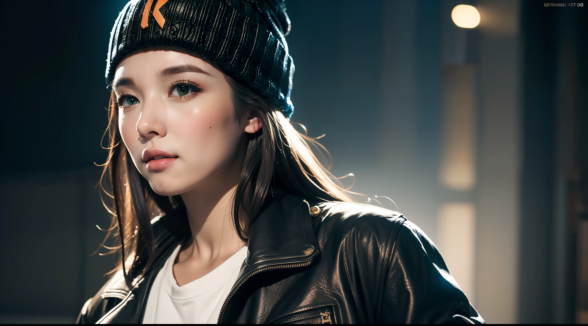 (
(8k:1.27), best quality, masterpiece, ultra highres:1.2) Photo of Pretty Japanese woman
 (beautiful:1.1) (sci-fi warrior woman:1.1) space soldier, (beanie:1.61) (leather jacket:1.21) intricate elegant, fantasy, detailed, ometric by greg rutkowski and alphonse mucha, gradient lighting
