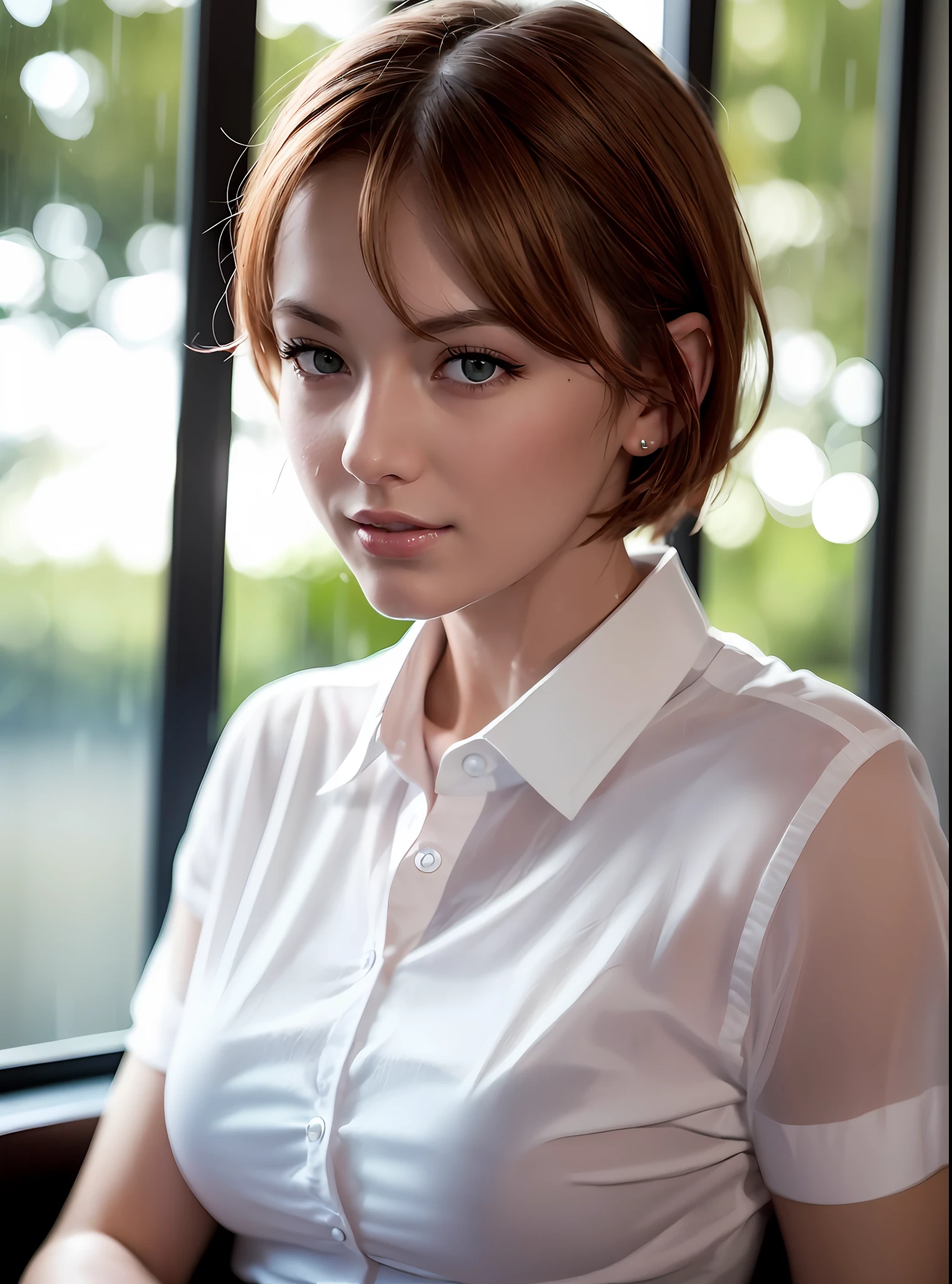(8k, top quality, masterpiece: 1.2), (realistic, photorealistic: 1.37), super detailed, girl alone, cute, beautiful, solo, beautiful detailed sky, detailed café, night, sitting, date, (blush), (smile: 1.15), (closed mouth) small breasts, fine beautiful eyes, (shirt with collar: 1.1), night, wet, office clothes, heavy rain, forest, red lace, (short hair: 1.2), Float NovaFrogStyle, topless,