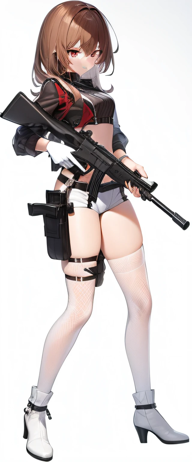 A woman in uniform with a gun and a bag, M4 SOPMOD II Girls Front, Girls Front style, exquisite details. Girl Front, From Girl Front, Ga Moe Yandere Grimdark, Gapmoe Yandere, Girl Frontier CG, With Rifle, Maple Story Gun Girl, Girl Frontier Universe, Yandere Intricate, Female Action Anime Girl, Shooting Stance, White Stockings, High Heeled Boots --auto
