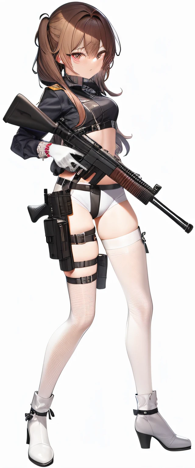 A woman in uniform with a gun and a bag, M4 SOPMOD II Girls Front, Girls Front style, exquisite details. Girl Front, From Girl Front, Ga Moe Yandere Grimdark, Gapmoe Yandere, Girl Frontier CG, With Rifle, Maple Story Gun Girl, Girl Frontier Universe, Yandere Intricate, Female Action Anime Girl, Shooting Stance, White Stockings, High Heeled Boots --auto