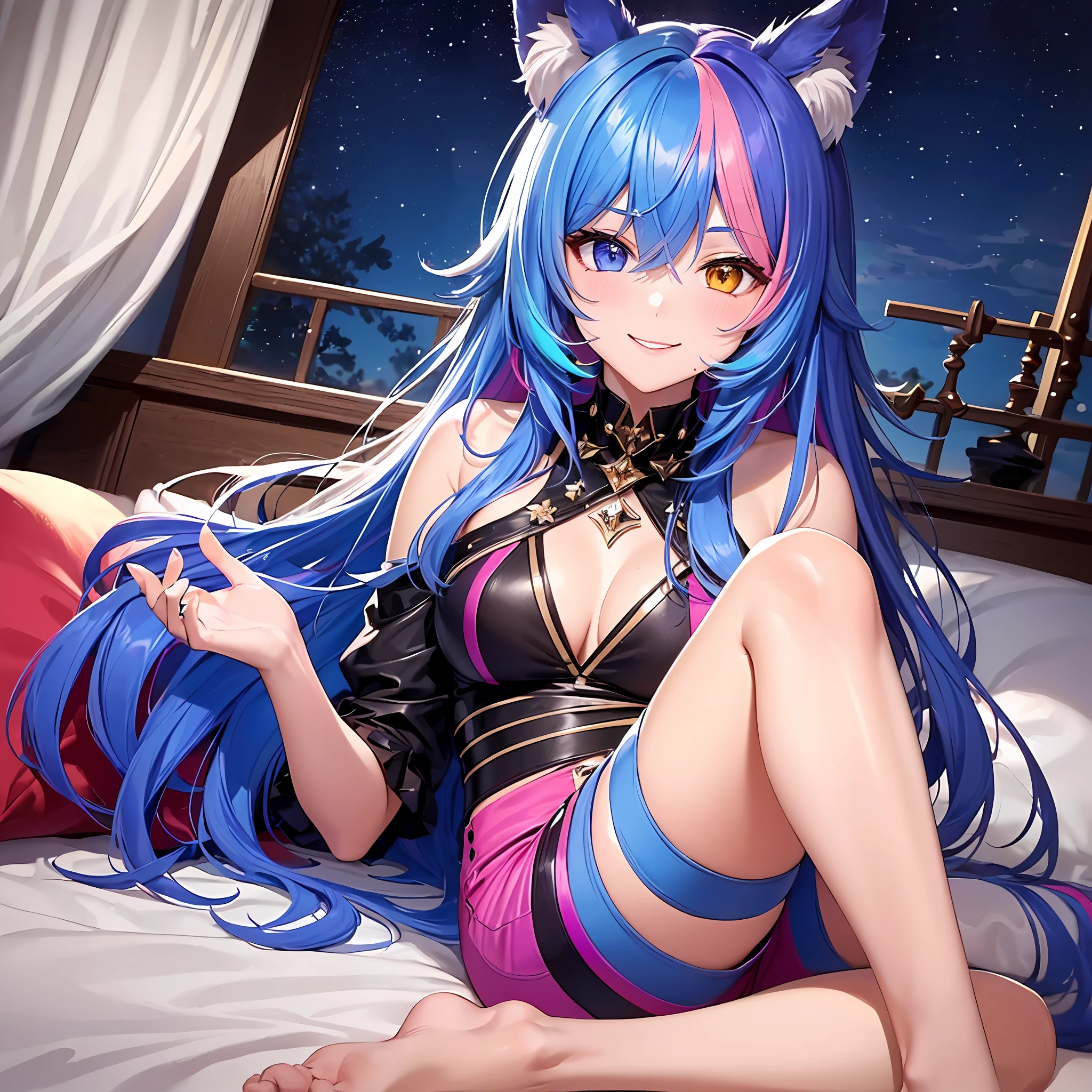 Close-up, upper body, 1 girl, smile, wolf ears, wolf tail, random eyes: 10, (((heterochromia)), hair between the eyes, split color hair: 5, ((((Colorful hair color: 1))))), ((Random hair color: 1)))), colorful hairstyle: 5, striped hair, long hair, hair end jewels, (cute random cadeza: 1.5 tank topRandom hot pants figures: 5: 15), jewels, AI super luxurious bedroom and cute interior: 5, (on the bed: 15) lying down and laughing at the viewer embarrassedly, blushing, night landscape,