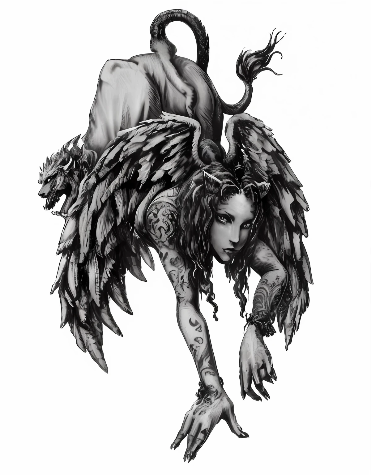 A drawing of a woman with long hair, Harpy, young harpy, human chimera, harpy, black lion with peacock wings, highly detailed dark art, manticore, demon of sleep paralysis, winged human, inspired by Gustav Dore, with wings. ultra-detailed, chimera
