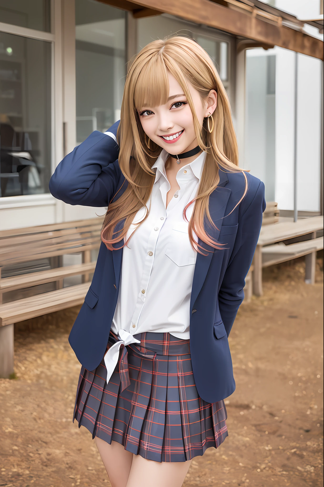 masterpiece, best quality, highres, kitagawa marin, 1girl, blonde hair, long hair, multicolored hair, red eyes, jewelry, earrings, piercing, school uniform, white shirt, tied shirt, black choker, blue necktie, plaid skirt, grin, smile, standing, cowboy shot, outdoors,