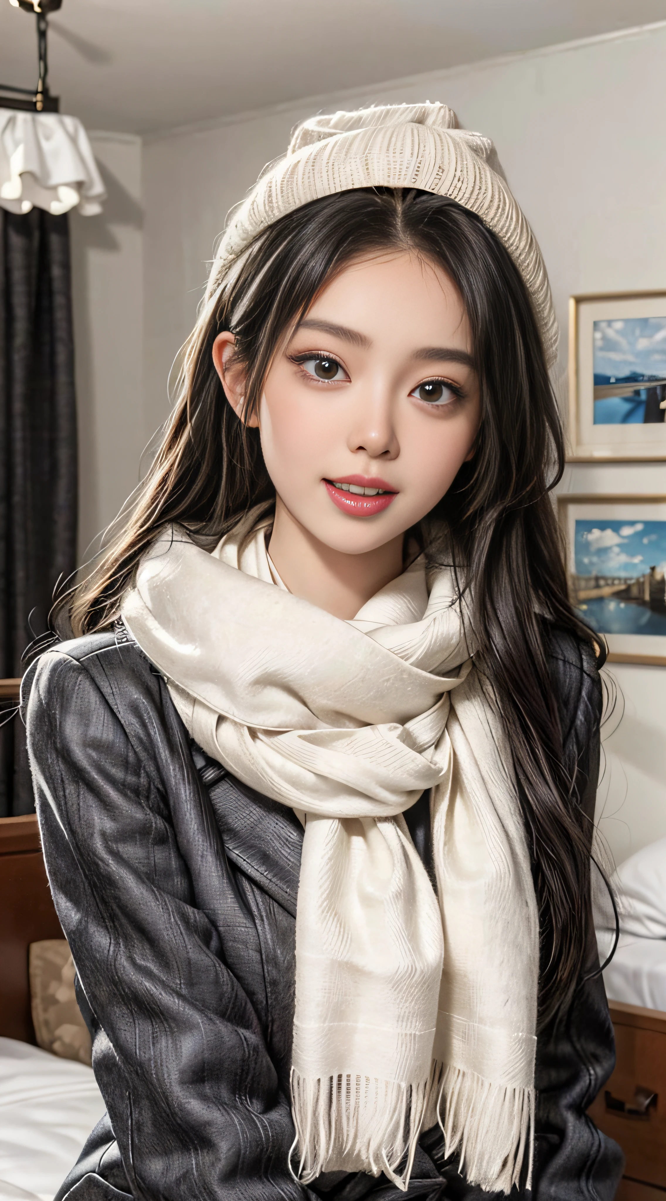 masterpiece, best quality,1 girl, solo, black hair, scarf, hat, real, looking at camera, black eyes, long hair, coat, winter clothes, white scarf, white teeth with mouth open, lips, bangs, indoors, in bedroom,