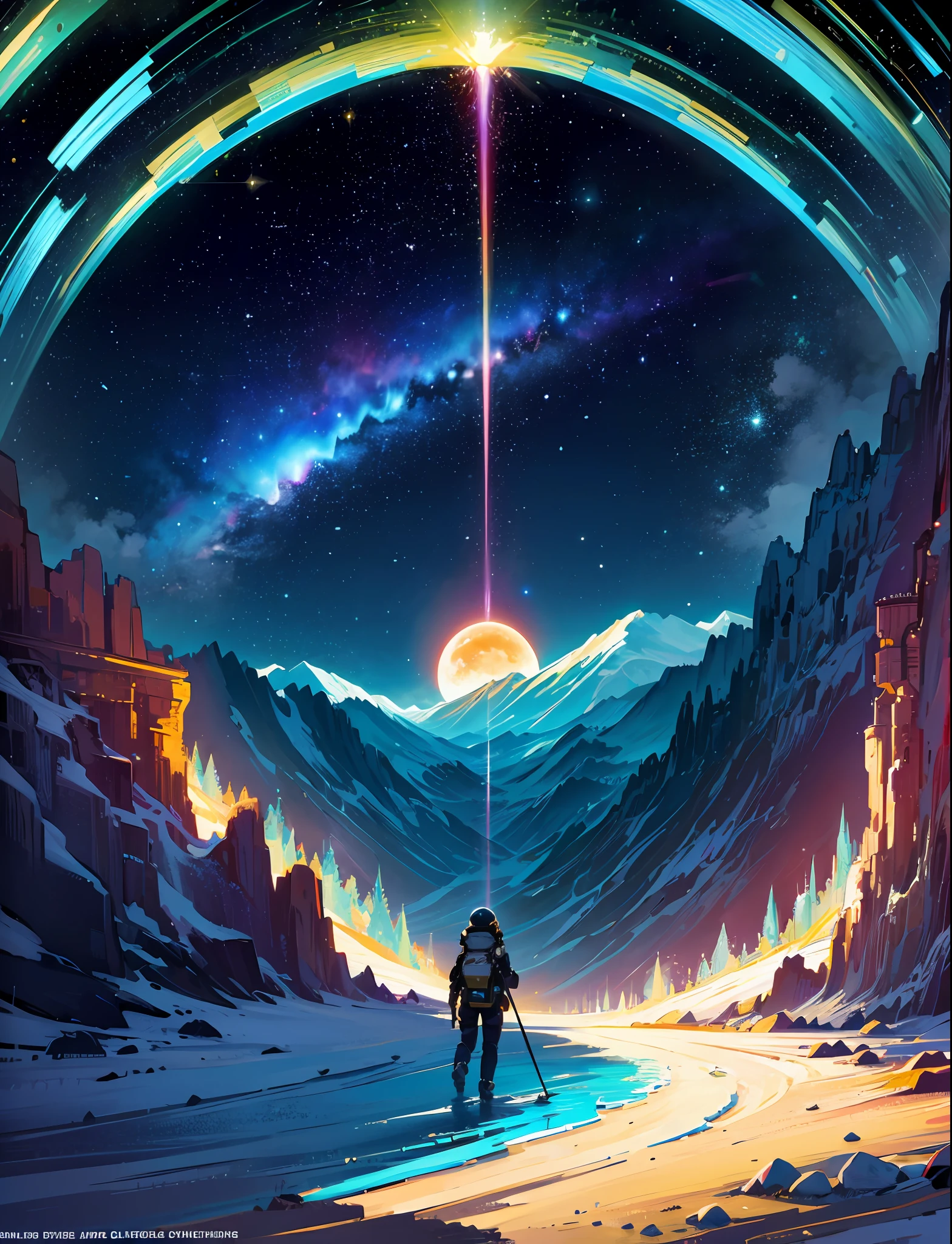 Masterpiece, neon stars, magic around, god, truth, anticipation, depth, insight, understanding, mountain, galactic lush translucent clouds, spectrum, panorama, star cycle, cycle, round eye, planet, earth, truth, knowledge, power, energy