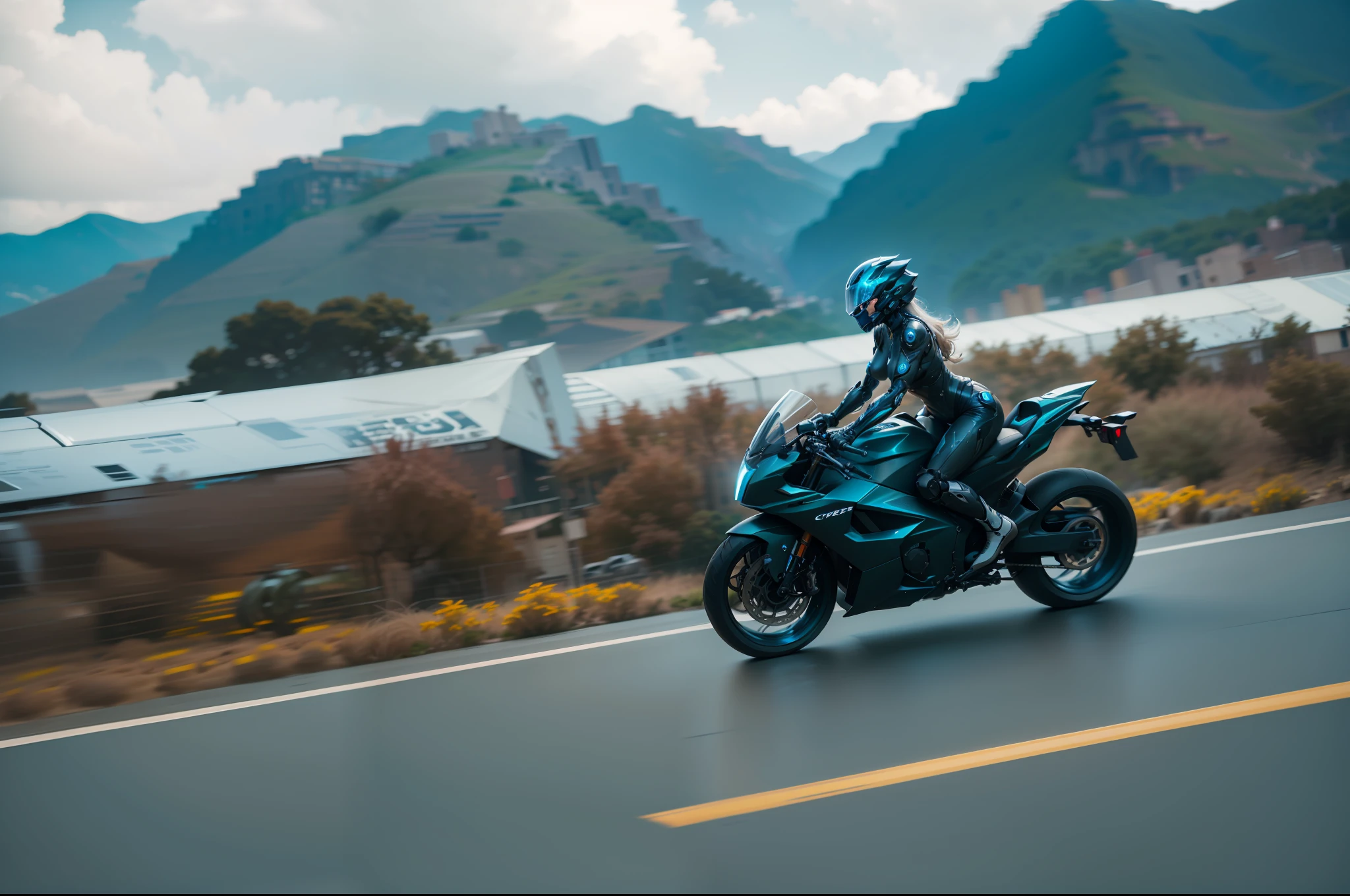 Sexy Cyber Warrior and Cyber Mechanical Motorcycle, Full Body Exquisite High-Tech Armor, Nousr, Biomechanics, MSHN Robot Woman, High-Tech Helmet, Surreal, Steel, Intricate Design, Crazy Details, Fine Details, Extremely Clear Lines, Cinematic Lighting, Photo Realistic, Detailed Masterpiece