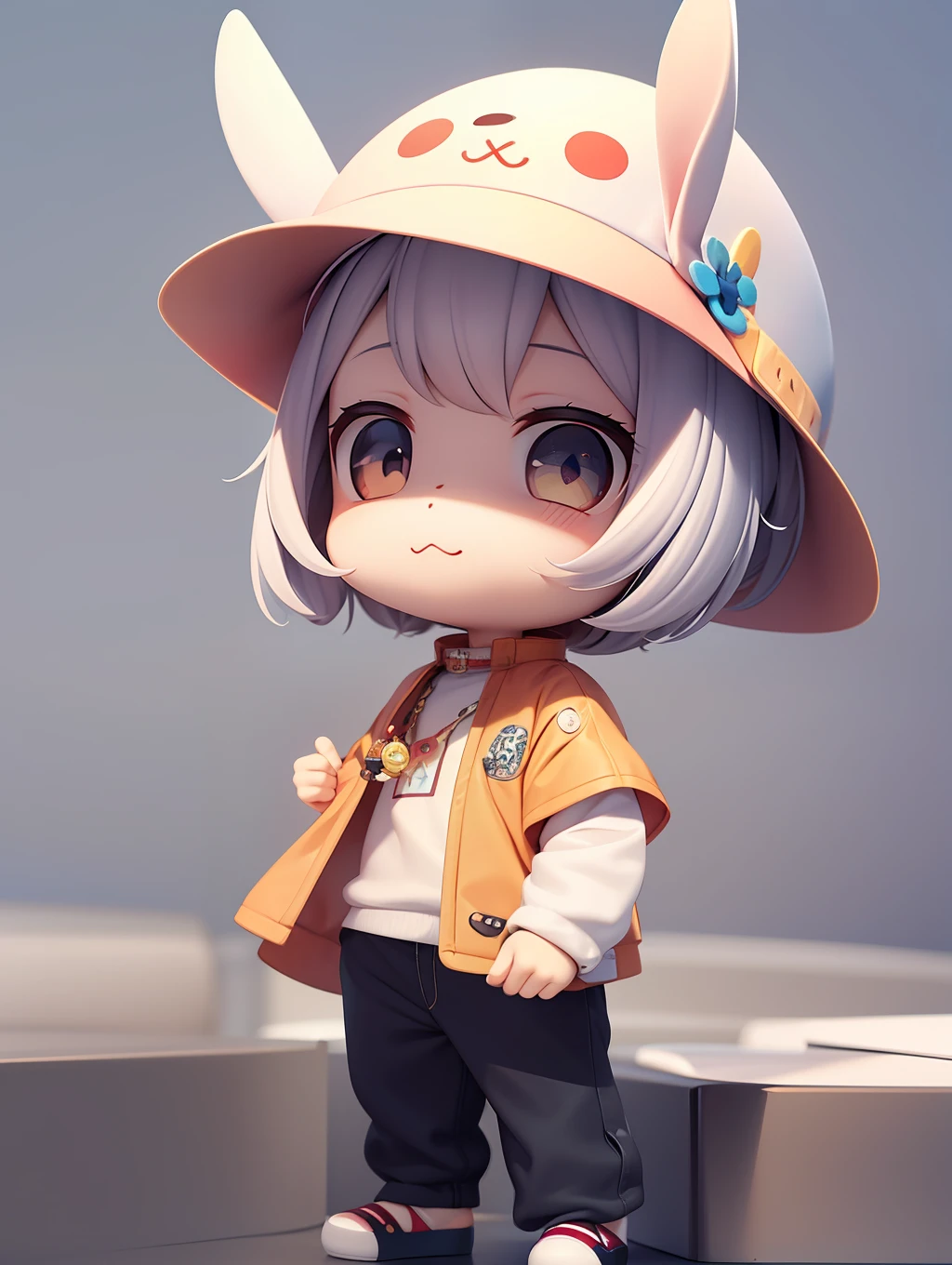 PopMart blind box IP, Chinese zodiac, super cute boy wearing rabbit shaped hat, technological elements, fashionable clothes, streamlined 3D/C4D production: 8K HD picture quality/lighting/ultra-fine lens depiction 1.5, flawless, chibi background/cinematic sense.