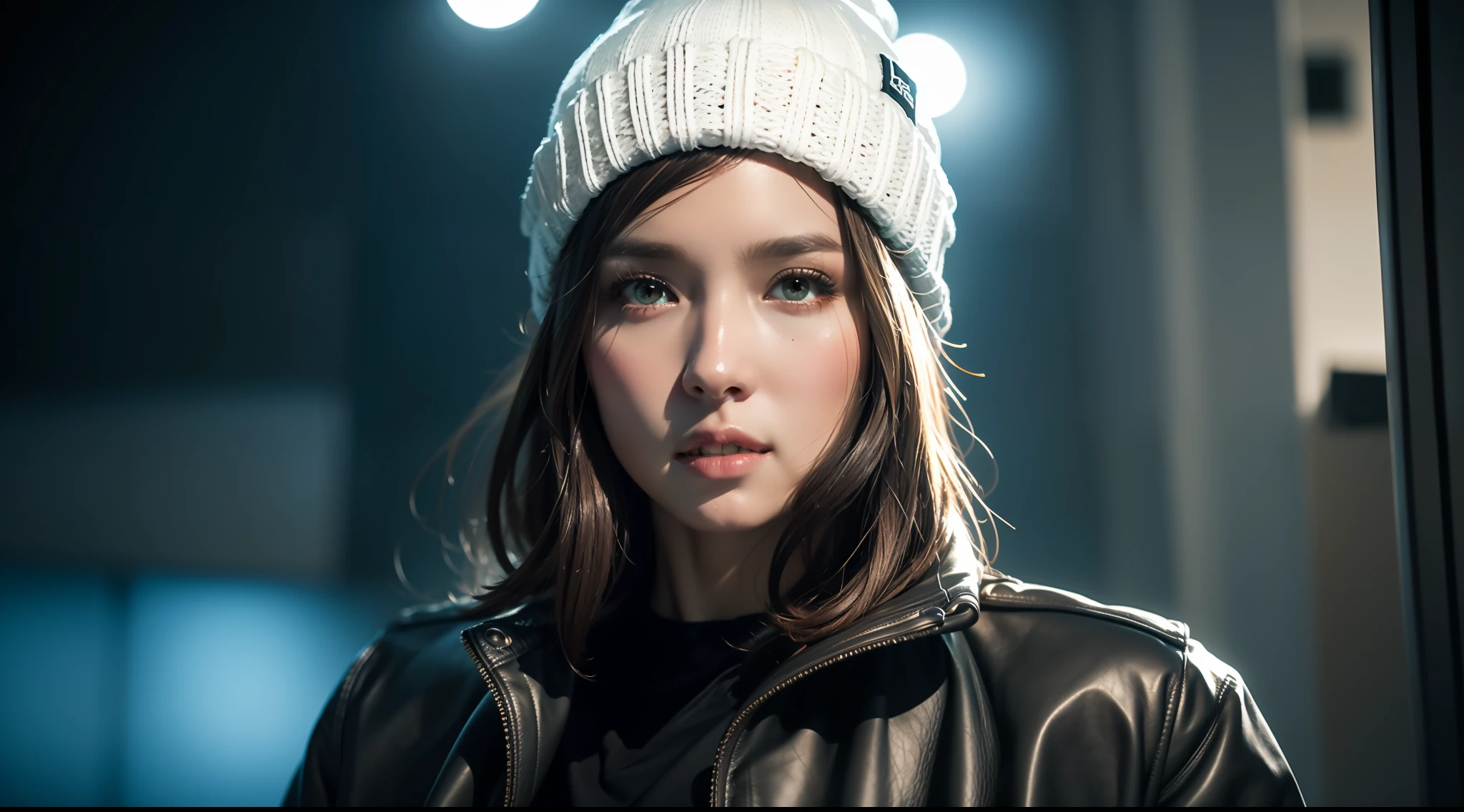 (
(8k:1.27), best quality, masterpiece, ultra highres:1.2) Photo of Pretty Japanese woman
(beautiful:1.1) (sci-fi warrior woman:1.1) space soldier, (beanie:1.61) (leather jacket:1.21) intricate elegant, fantasy, detailed, ometric by greg rutkowski and alphonse mucha, gradient lighting