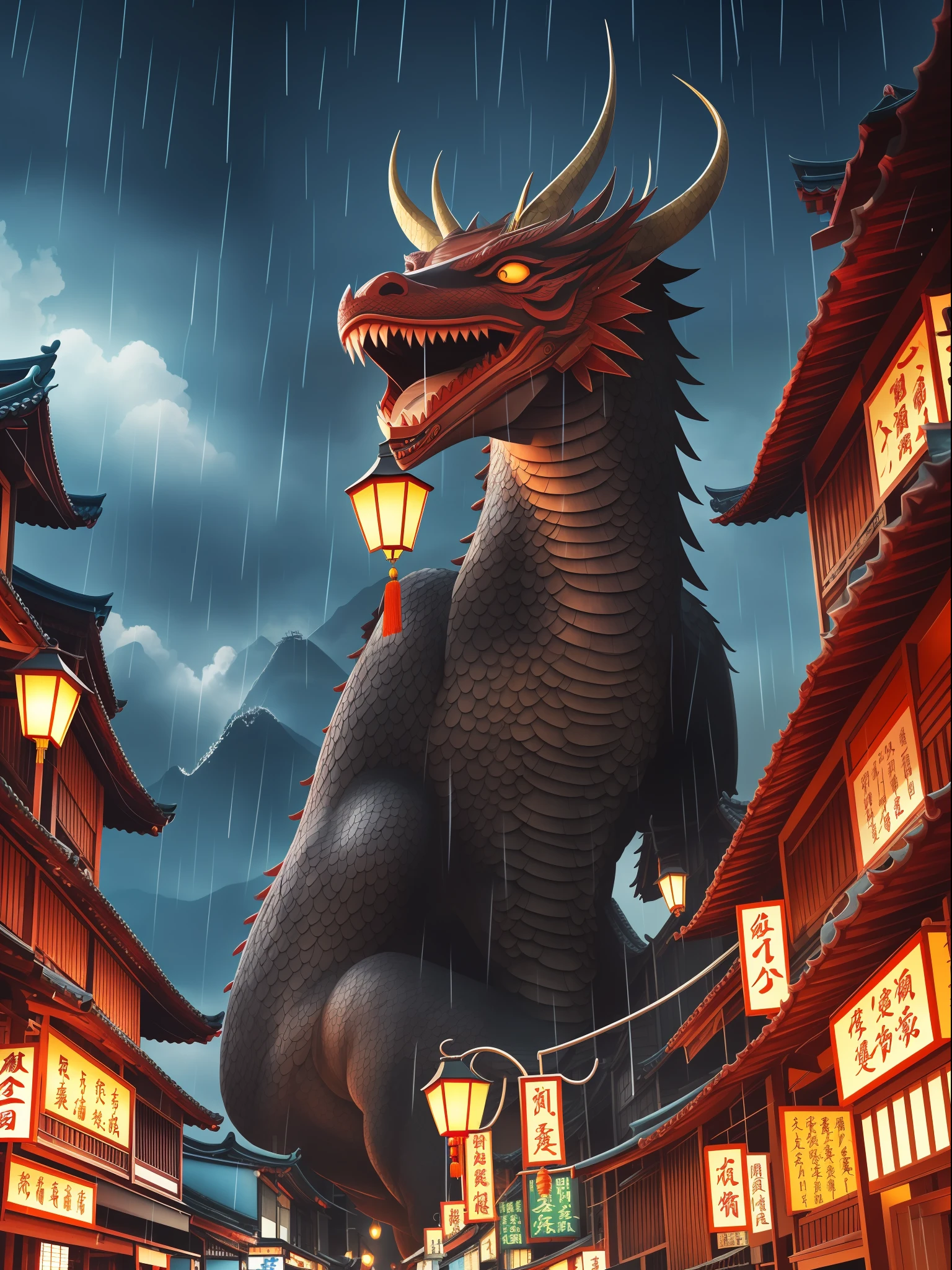Best quality, masterpiece, ultra high res, naked non-humans, (long: 1.2), sky, yellow eyes, cloud, scales, oriental dragon, open mouth, sharp teeth, flying, horns, teeth, day, claws, fangs, blue sky, aerial view of mountains with lush shape and a big tree, a village with many lights in the buildings, city of dreams, Chinese village, amazing wallpaper, japanese city, japanese village, hyper realistic photo of a city, old asian village, japanese city, by raymond han, rainy night, cyberpunk ancient chinese castle, beautifully lit buildings, at night during rain, beautiful and aesthetic, photography, cinematic, 8k, high detailed ((heavy rain)))