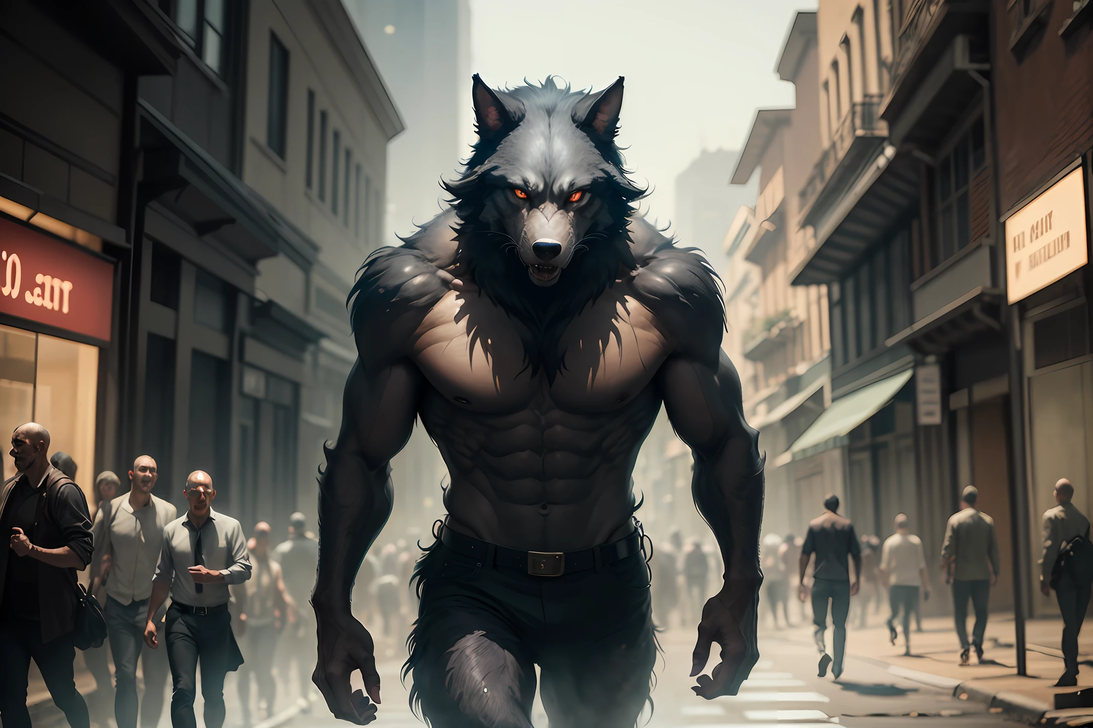 A Werewolf walking through the Brazilians Streets, shot body photo, creepy, unsettling, professional majestic oil painting by ed blinkey, atey ghailan, by jeremy mann, greg manchess, antonio moro, trending on artstation, trending on cgsociety, intricate, high detail, sharp focus, dramatic, photorealistic, 8k,