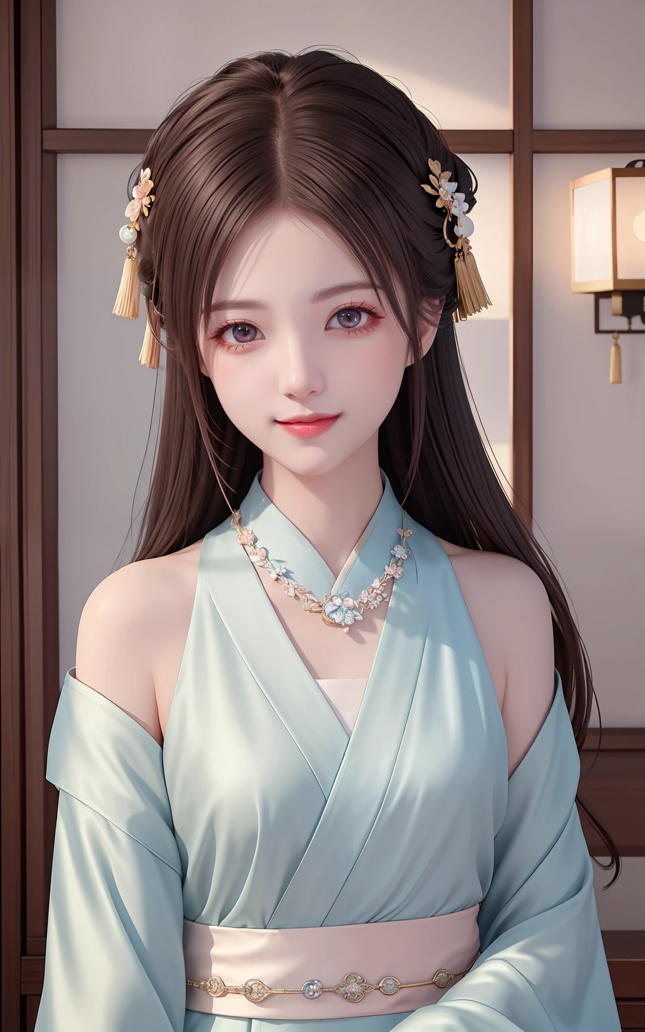 Superb Style, Masterpiece, High Resolution, 1Girl, Blush, (Charming Smile: 0.8), Star Eyes, Chinese Leaky Shoulder Hanfu, Hair Accessories, Necklaces, Jewelry, Beauty, on_body, Tyndall Effect, Realistic, Shadow Room, Light Edge, Two-tone Lighting, (High Detail Skin: 1.2), 8K UHD, DSLR, Soft Light, High Quality, Volume Lighting, Candid Photo, High Resolution, 4K, 8K, Antique Background