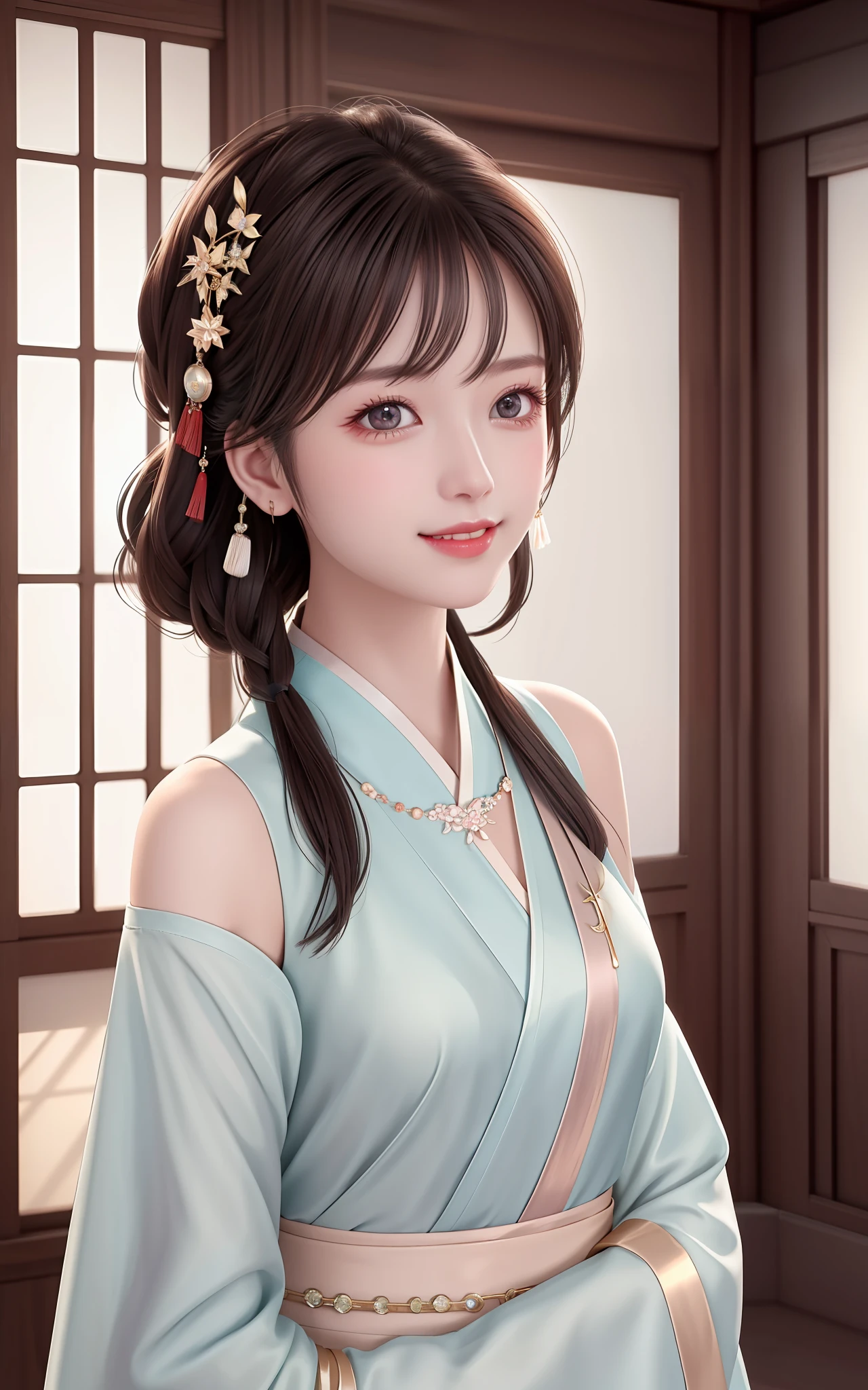 Superb Style, Masterpiece, High Resolution, 1Girl, Blush, (Charming Smile: 0.8), Star Eyes, Chinese Leaky Shoulder Hanfu, Hair Accessories, Necklaces, Jewelry, Beauty, on_body, Tyndall Effect, Realistic, Shadow Room, Light Edge, Two-tone Lighting, (High Detail Skin: 1.2), 8K UHD, DSLR, Soft Light, High Quality, Volume Lighting, Candid Photo, High Resolution, 4K, 8K, Antique Background