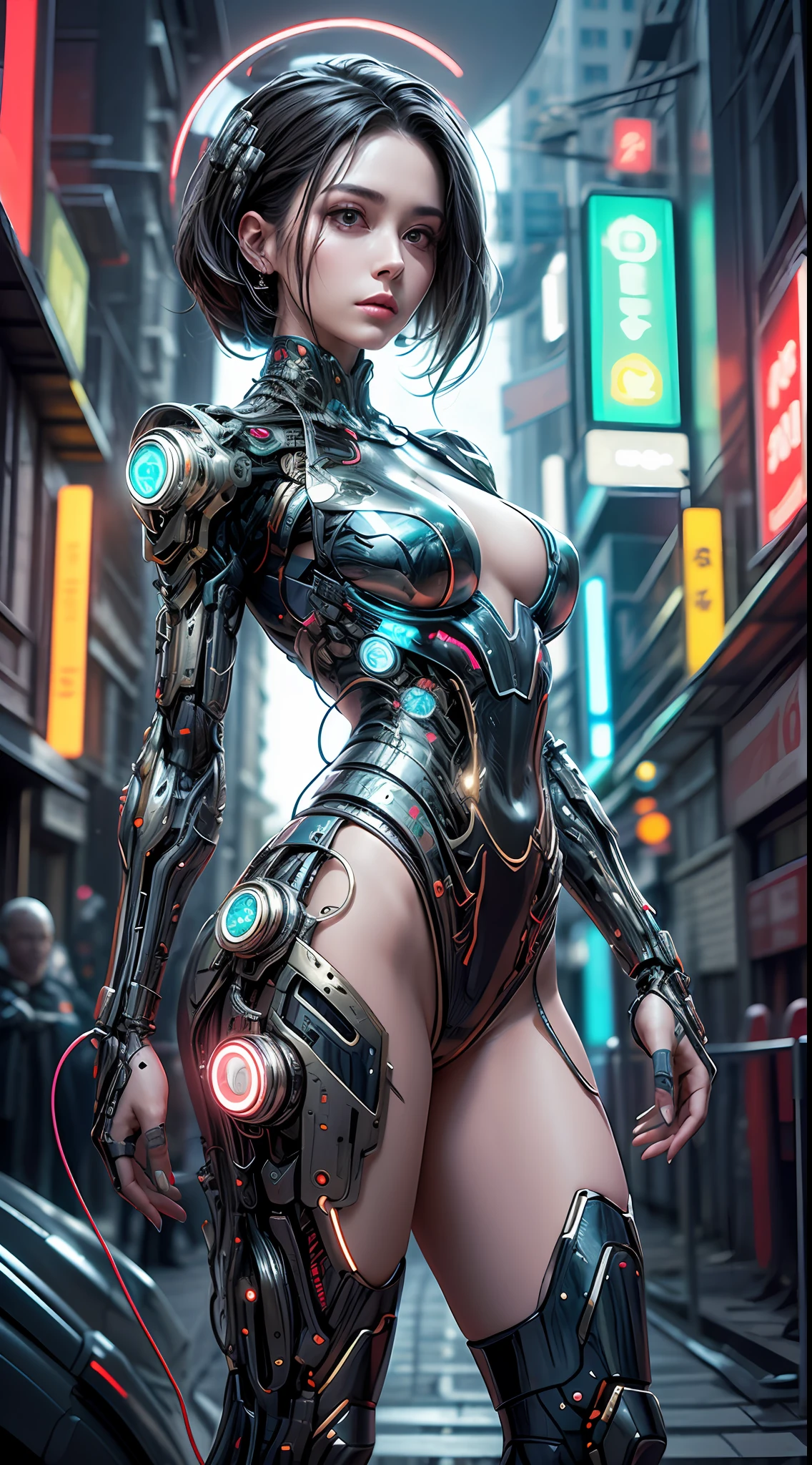 A woman, her body a fusion of organic and mechanical, a cyberpunk Ripperdoc with cybernetic limbs and augmented eyes that glow with neon lights, standing in the heart of a sprawling cyberpunk city, the streets bustling with hovercars and holographic advertisements, towering skyscrapers casting long shadows, the woman exuding an air of confident authority as she surveys her domain, Painting, using acrylics on canvas to create vibrant colors and bold contrasts