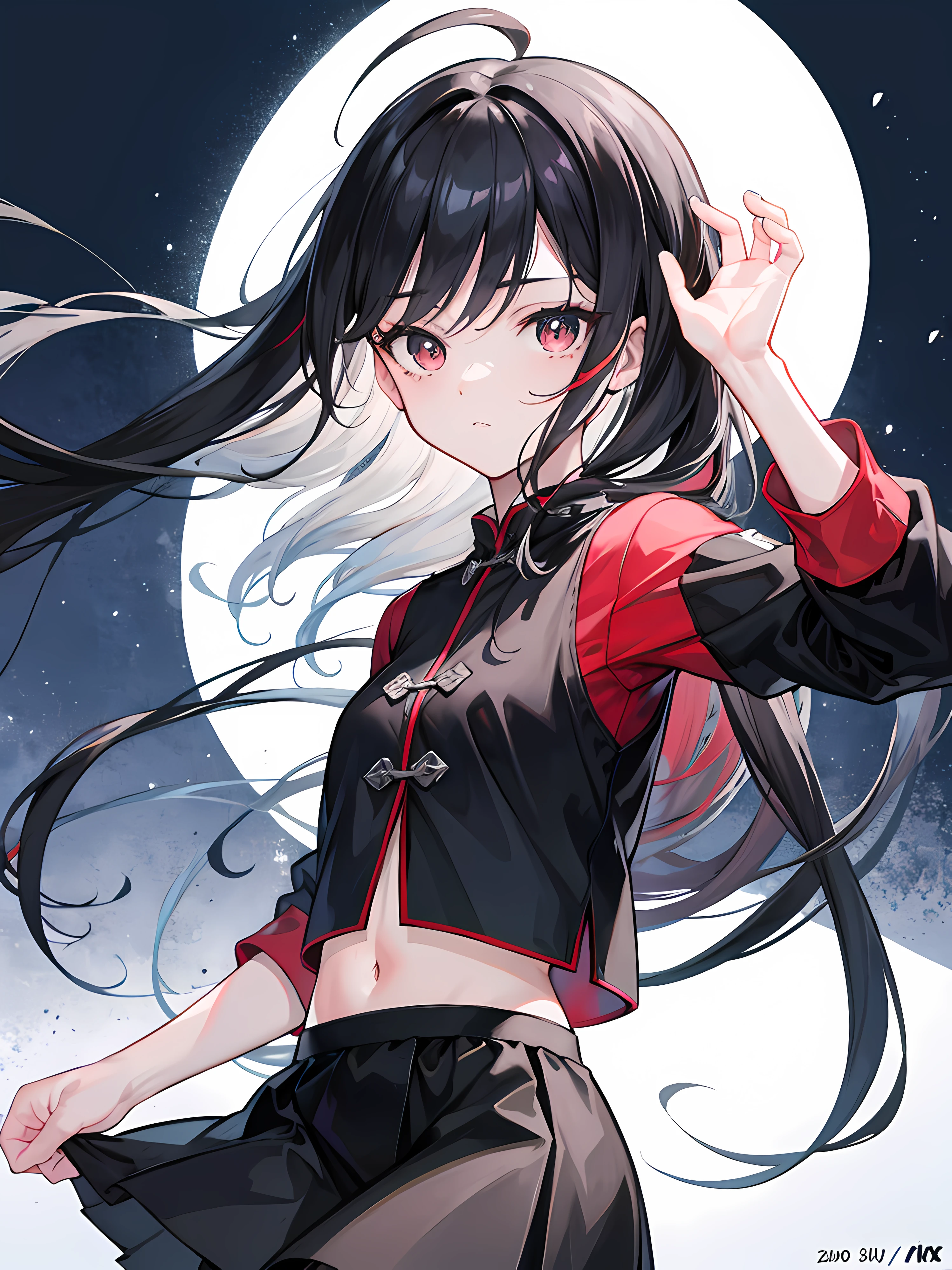 Anime girl with long gray black hair and black and white clothing, best anime 4k konachan wallpaper, kantai collection style, anime art wallpaper 8k, black long hair, black red, anime style 4k, long white hair, anime art wallpaper 4k, girl standing on the street, anime art wallpaper 4k, digital art on pixiv, anime girl with long black hair and black and white costume, Shi Tao's anime manga, pixiv competition winner, process art, best anime 4k konachang wallpaper, kantai collection style, anime art wallpaper 8 K, black long hair, black red, anime style 4 K, long white hair, ultra hd, (4k, masterpiece, best quality)), shuimobysim, electronic, cyber, cool, maxiskit, dress open 1 cool girl, solo, black hair, long hair,, black, look at the audience, teasy, ((masterpiece, best quality)), (1 cooi girl), (solo), (female focus), (ahoge, black and red hair, long hair), red eyes, (black shirt), (buttoned long)), ((black skirt), (short skirt), standing, colored background, bright color, gradient, colorful, behind arms, hand details, hands clear, hands complete, face details, face details, face close-up, eyes HD, Clear pupils, detailed background