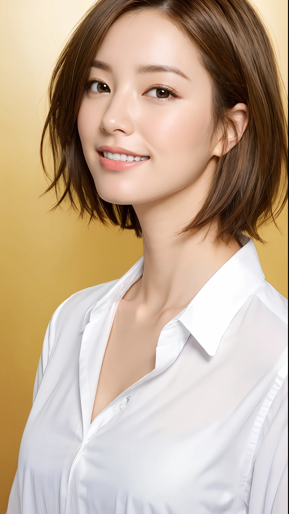 (Masterpiece:1.3), (8K, Photorealistic, RAW Photo, Best Quality: 1.4), Japan Person, (1 Girl), Beautiful Face, (Realistic Face), (Brown Hair, Short Hair:1.3), Beautiful Hairstyle, Realistic Eyes, Beautiful Detail, (Realistic Skin), Beautiful Skin, Attractive, Ultra High Definition, Ultra Realistic, High Detail, Golden Ratio, (Detal Face:1.2), Look at the Beholder,Smile, Open white shirt, middle chest, standing