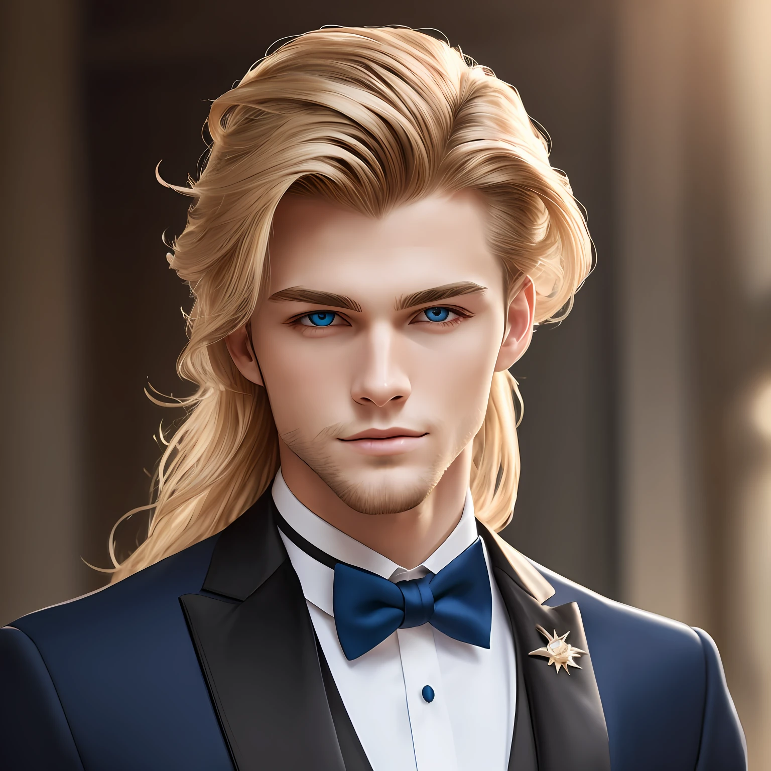 (Masterpiece) 8K resolution, top quality, handsome young man raking hair, beardless, blond long hair, blue eyes, model style, tuxedo, kind face, fantasy style --auto