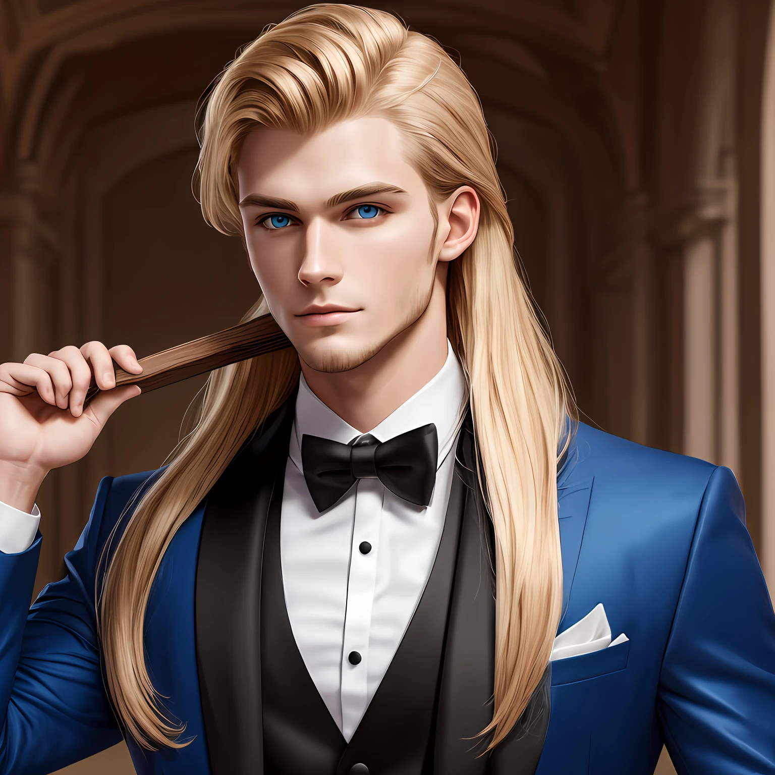 (Masterpiece) 8K resolution, top quality, handsome young man raking hair, beardless, blond long hair, blue eyes, model style, tuxedo, kind face, fantasy style --auto