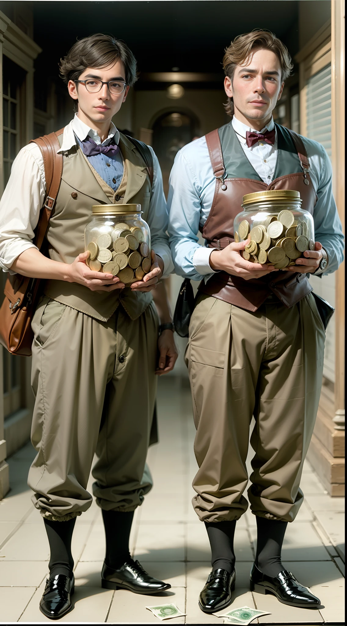 three men from 1800s carrying their savings of money, holding money, jar of money, piggybank,