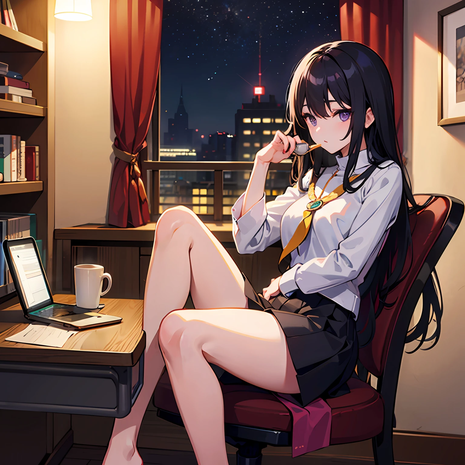 Priestess, elbowed, sitting on a chair, long black hair, purple eyes, night, room, coffee on desk --auto