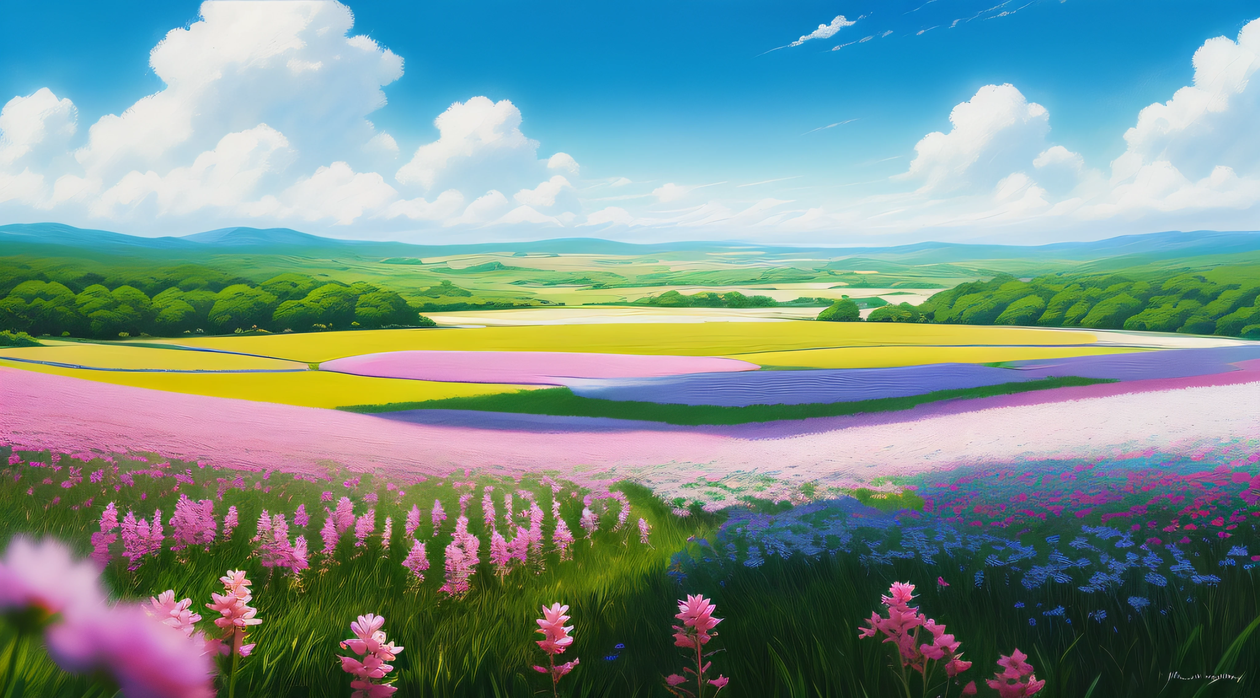 Realistic, authentic, beautiful and amazing landscape oil painting Studio Ghibli Hayao Miyazaki's petal grassland with blue sky and white clouds --v6