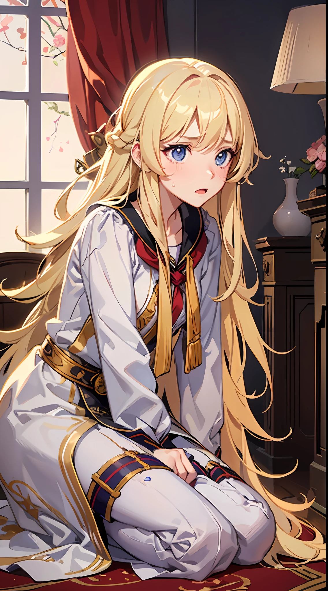 1girl, (long fluffy blonde hair: 1.6), dress, mature beauty, rich family, in the living room of the villa, anxious, tearing up, nervous, turn pale, flustered, facepalm, guilt, panicking, worried, full body, time in the night, super detailed CG, delicate facial features, clear facial expressions, detailed digital animation art, digital animation art, High quality anime art style