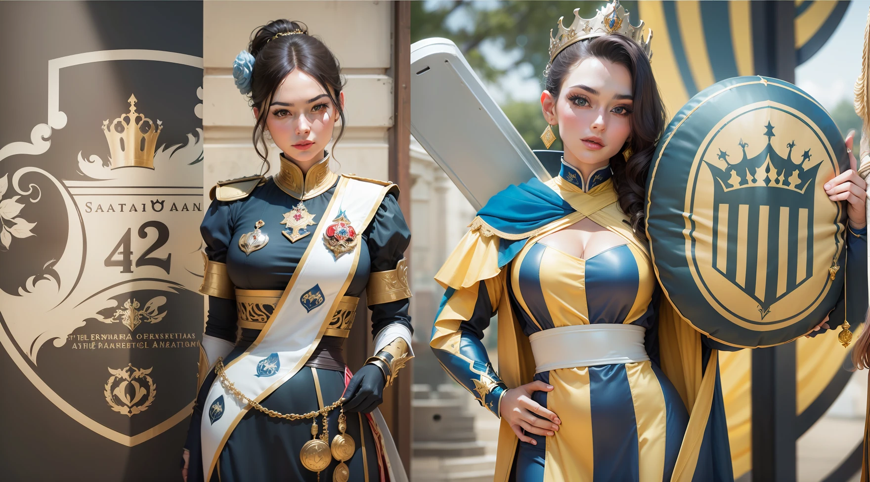 Femenina version of the image two beautiful women princesses dressed as liberators of America of nobility, representing season 32 A new version of the logos, a new version of the women and a new version of the clothes showing the women of larger bodies and seductive face even more realistic and perfect, with 4k resolution the best definition quality --auto