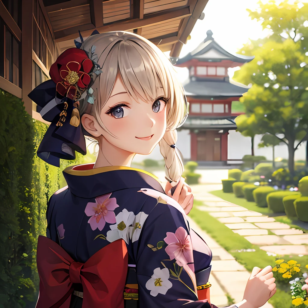 best quality, intricate details, 1girl, subaru_kimono, japanese clothes,hair bow, hair flower,garden,outdoor,(east asian architecture:0.6),backlighting,diffuse lighting,smile