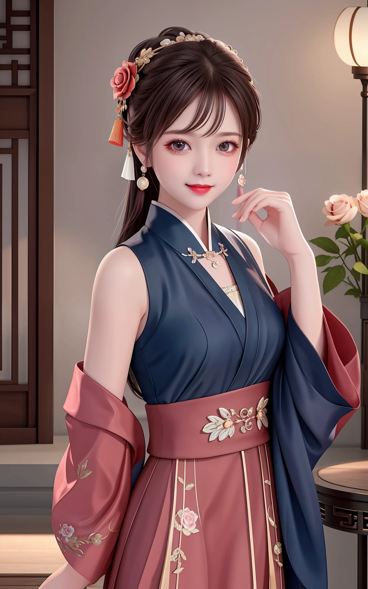 Superb Quality, Masterpiece, High Resolution, 1Girl, Blush, (Seductive Smile: 0.8), Star Eyes, Chinese Leaky Shoulder Rose Red Hanfu, Hair Accessories, Necklace, Jewelry, Beauty, on_body, Tyndall Effect, Realistic, Shadow Room, Light Edge, Two-tone Lighting, (High Detail Skin: 1.2), 8K UHD, DSLR, Soft Light, High Quality, Volume Lighting, Candid Photo, High Resolution, 4K, 8K, Background Antique