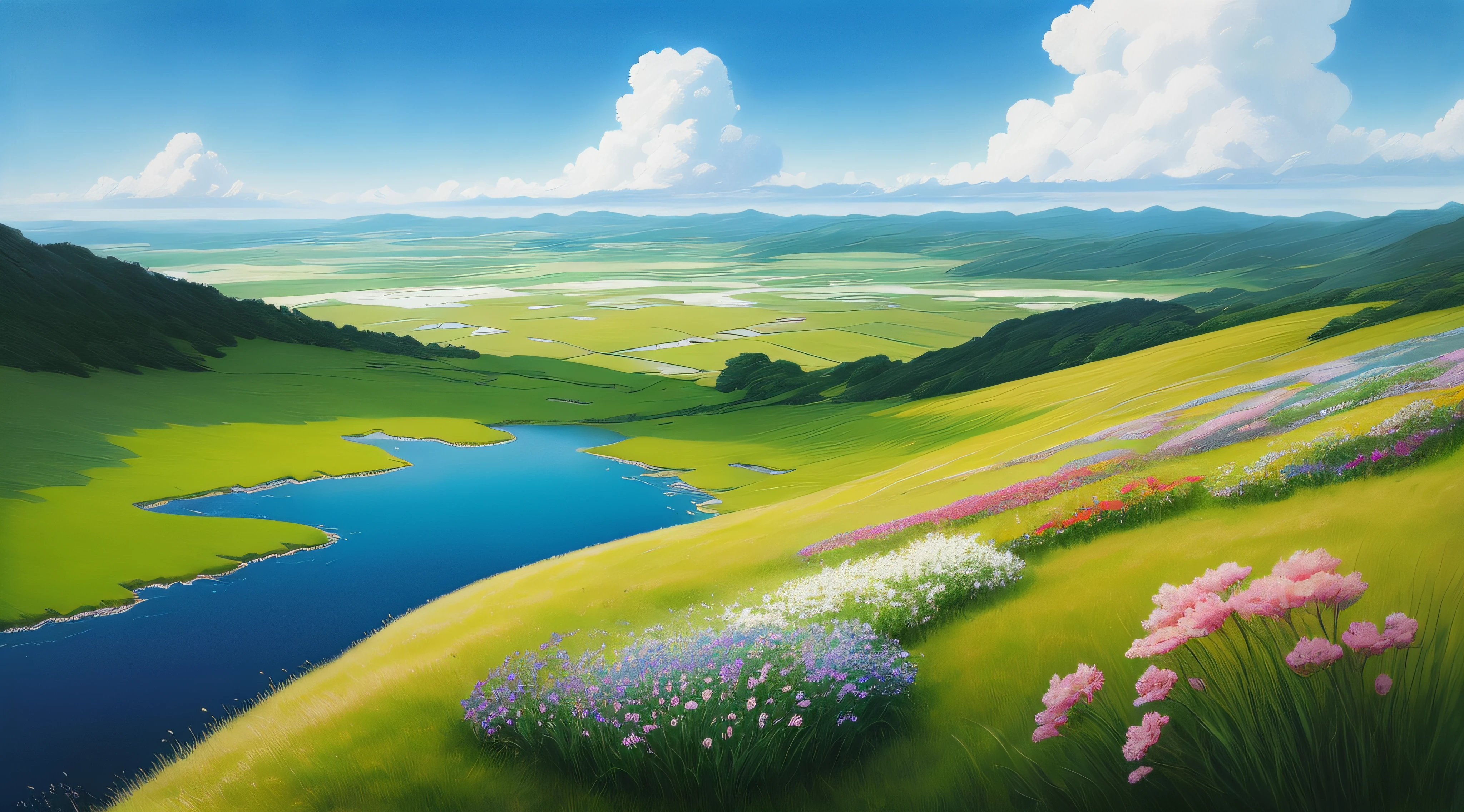 Realistic, authentic, beautiful and amazing landscape oil painting Studio Ghibli Hayao Miyazaki's petal grassland with blue sky and white clouds --v6