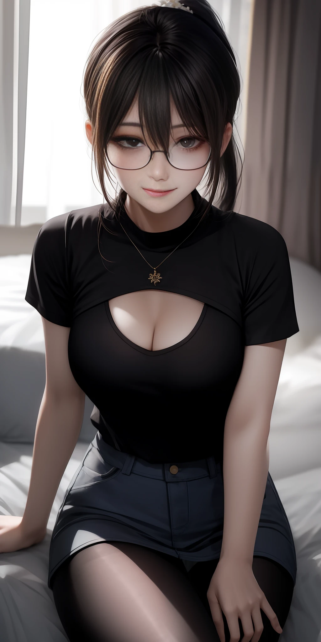 1girl，身高6英尺，体重60公斤，Glasgow smiled，cleavage，braless，Brown hair and（White gradient hair：1.2），Hair Between Eyes，（A quarter ponytail：1.3），Wear gold wire glasses，sexy position，wide hips，Straight breasts，Facing the audience，looking at the viewers，Brown eyes，Detailed eyes，Marinepunk-inspired clothing and environment，in tshirt，miniskirts，Girl wearing intricately embroidered black high-waisted pants with pantyhose,sittinng on the bed，The overall color of the house is warm yellow，Correct limbs，Normal human fingers and limbs