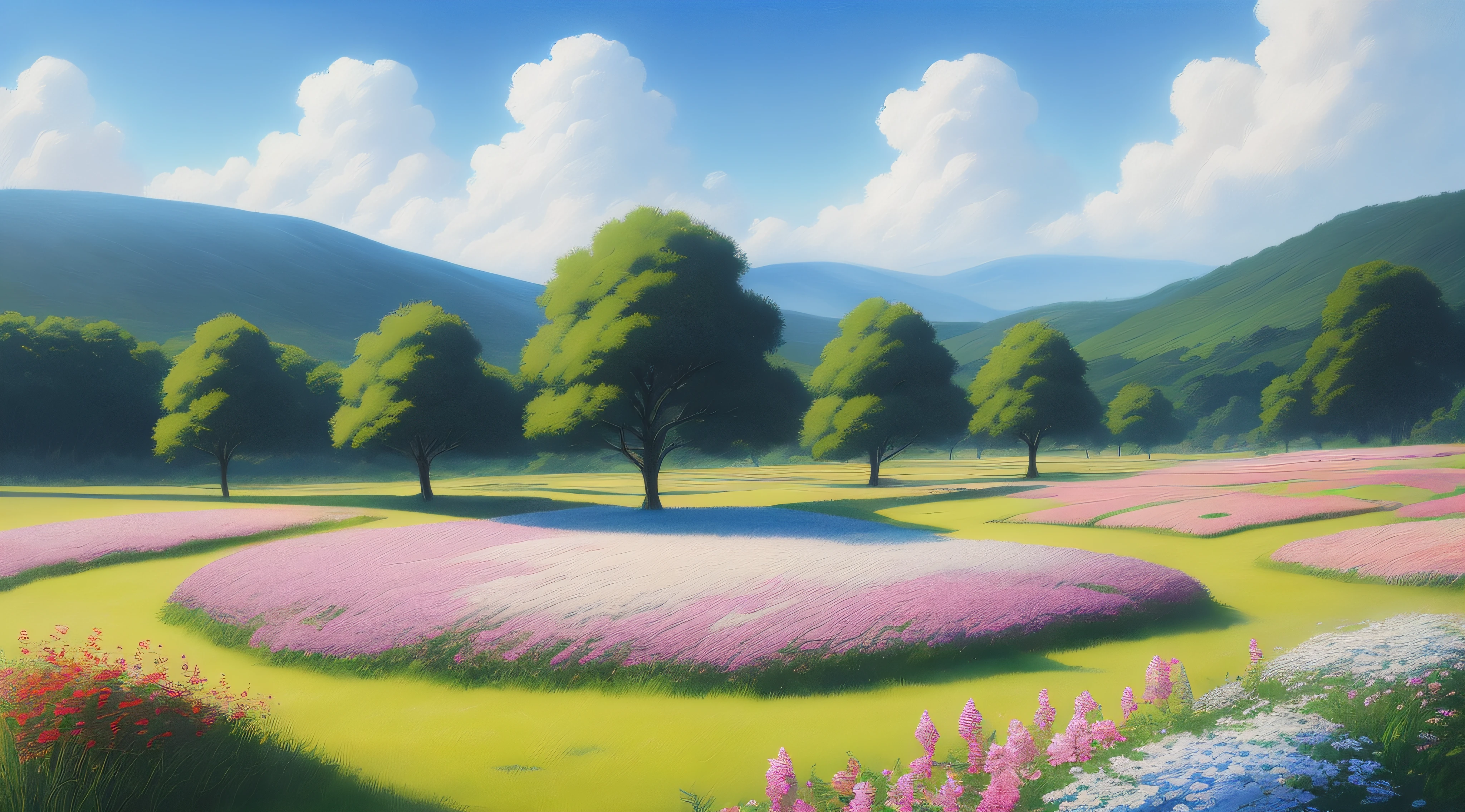 Realistic, authentic, beautiful and amazing landscape oil painting Studio Ghibli Hayao Miyazaki&#39;s petal grassland with blue sky and white clouds --v6