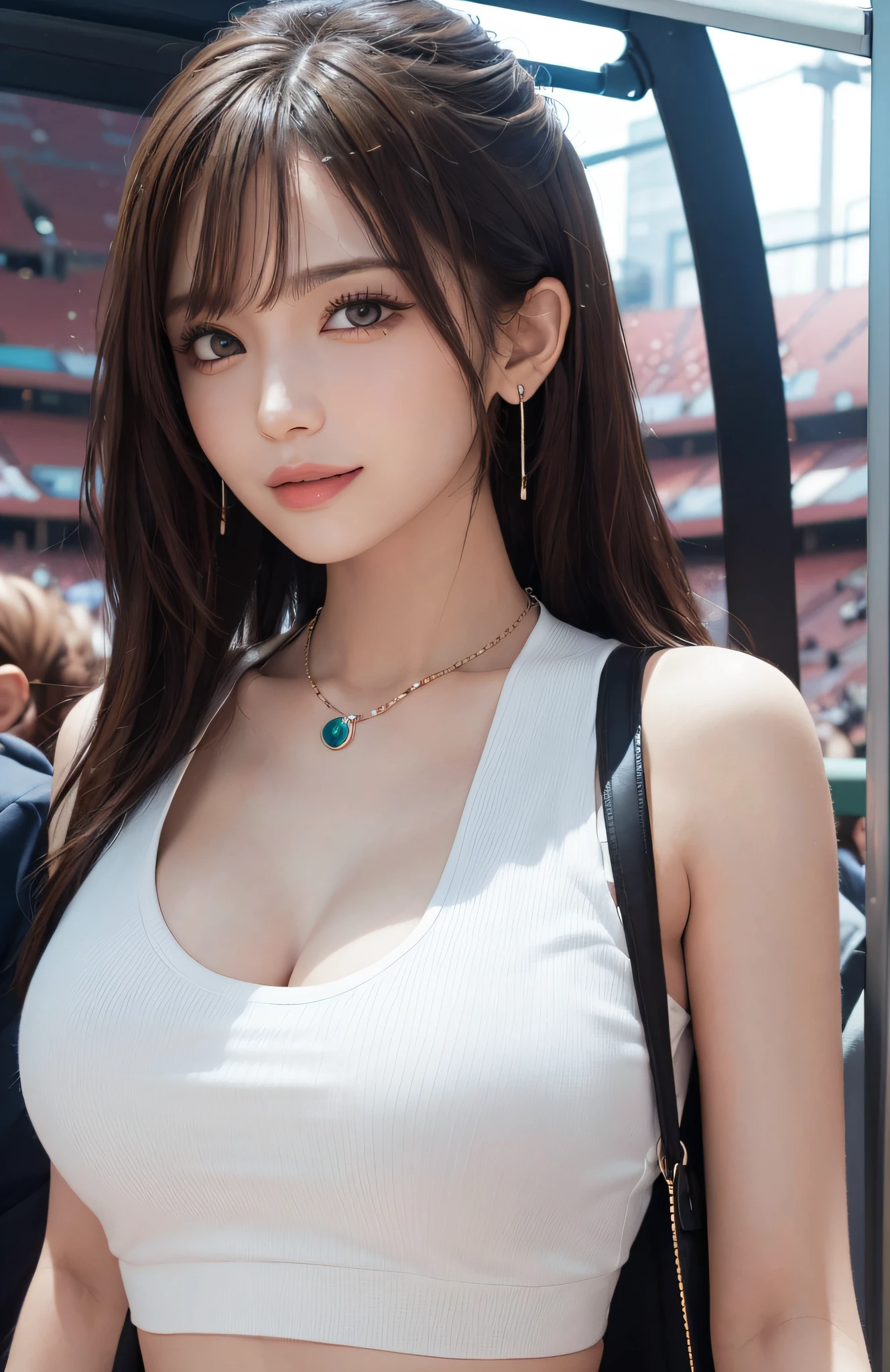 (Ultra Realistic), (Illustration), (High Resolution), (8K), (Very Detailed), (Best Illustration), (Beautiful and Detailed Eyes), (Best Quality), (Ultra Detailed), (Masterpiece), (Wallpaper), (Detailed Face), Solo, One Girl, Full Body, (Colossal: 1.5), Casual Loose Summer Clothes, Navel, Eyes to the Viewer, Detailed Eyes and Mouth, Detailed Face, Crowded Stadium Spectators, Hot Air, Low Key, pureerosfaceace_v1, happy smile, dark blonde, bangs, dark eyeliner, earrings, necklace, bangles, beautiful teeth, blushing cheeks, braless,